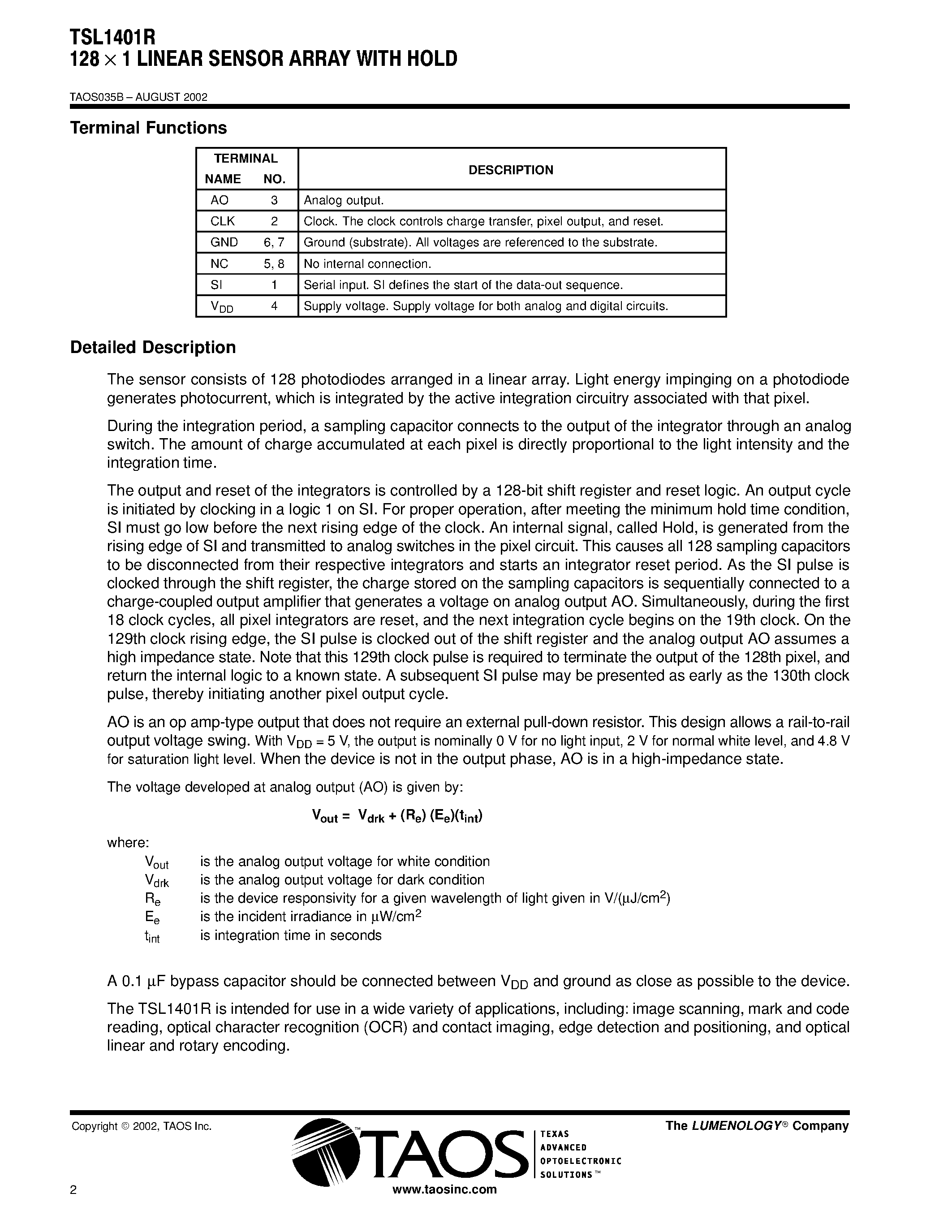 Datasheet TSL1401R - 128 1 LINEAR SENSOR ARRAY WITH HOLD page 2