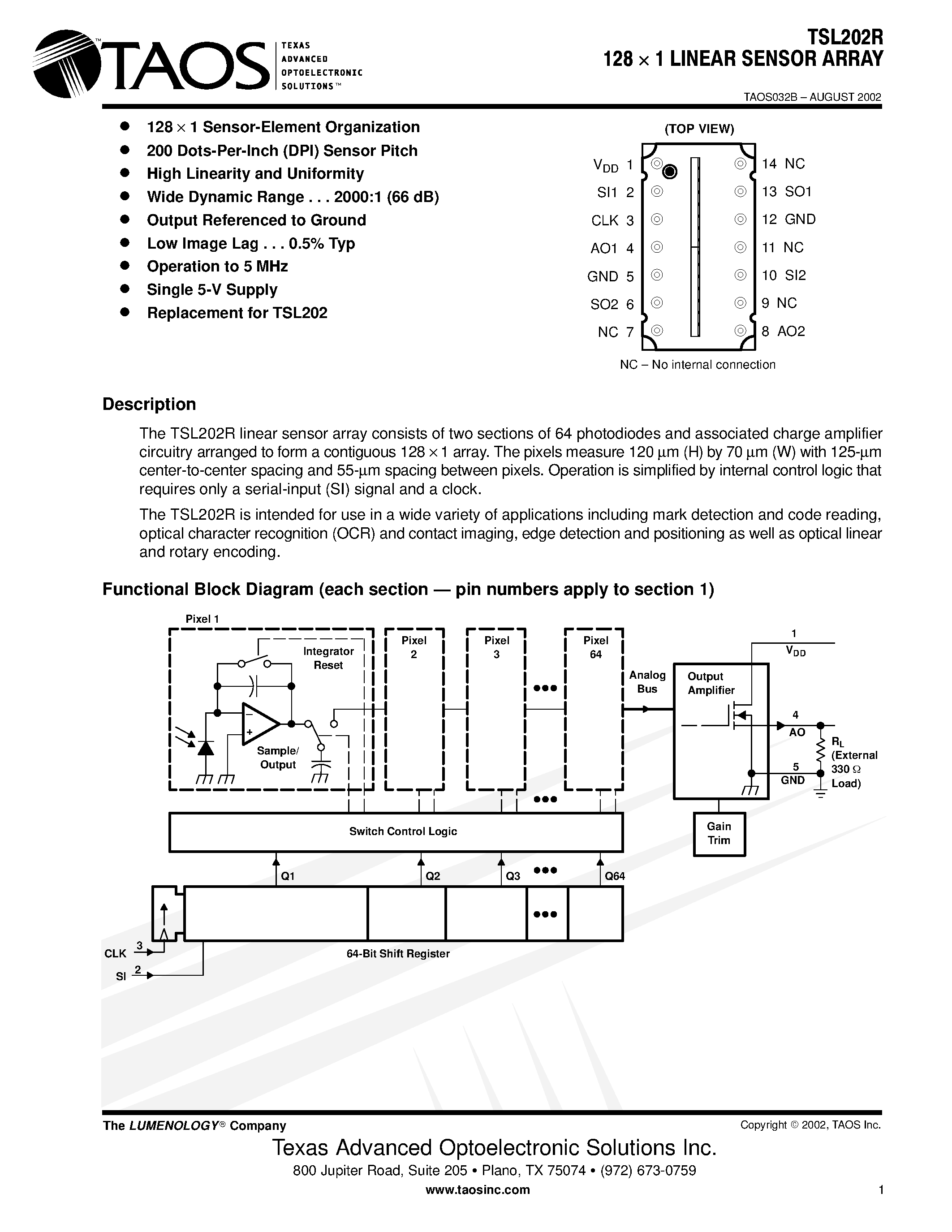 Datasheet TSL202R page 1 Datasheet TSL202R - 128 *1 LINEAR SENSOR ARRAY page 1