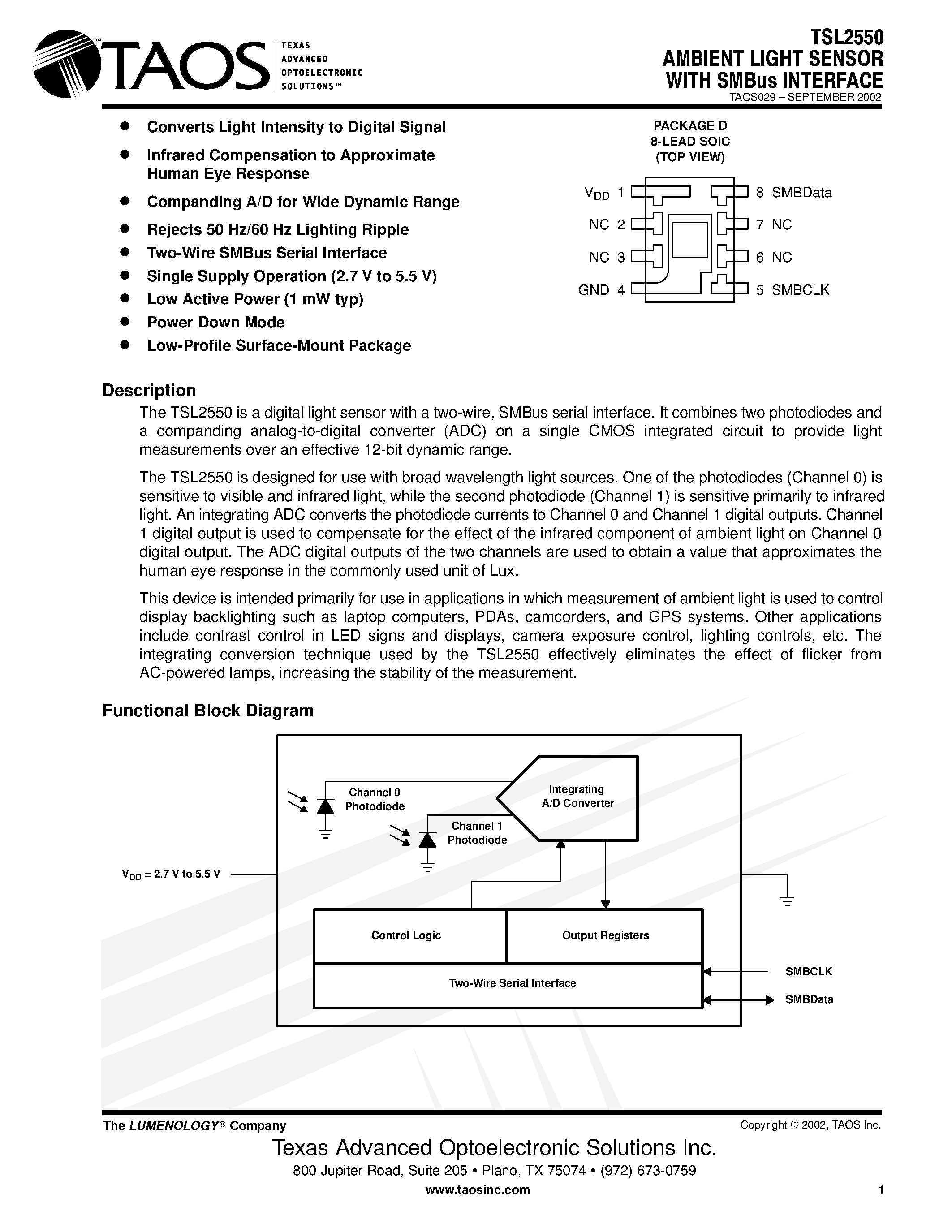 Datasheet TSL2550 page 1 Datasheet TSL2550 - AMBIENT LIGHT SENSOR WITH SMBus INTERFACE page 1