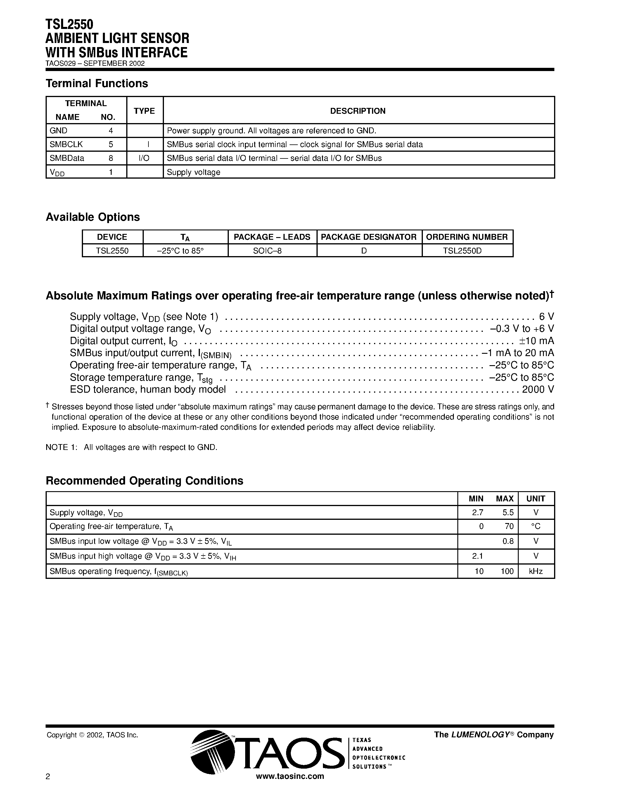 Datasheet TSL2550 page 2 Datasheet TSL2550 - AMBIENT LIGHT SENSOR WITH SMBus INTERFACE page 2