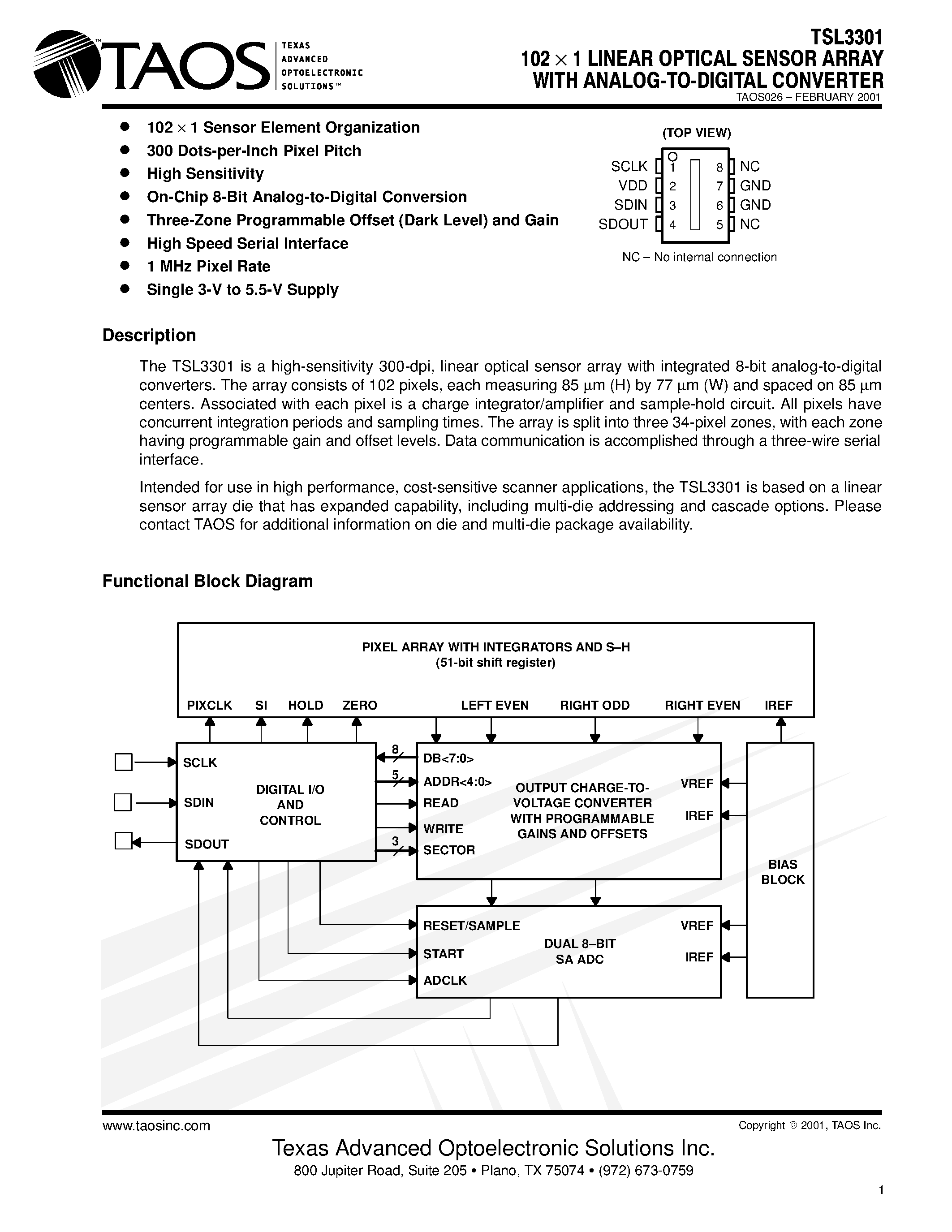 Datasheet TSL3301 page 1 Datasheet TSL3301 - 102 1 LINEAR OPTICAL SENSOR ARRAY WITH ANALOGTODIGITAL CONVERTER page 1