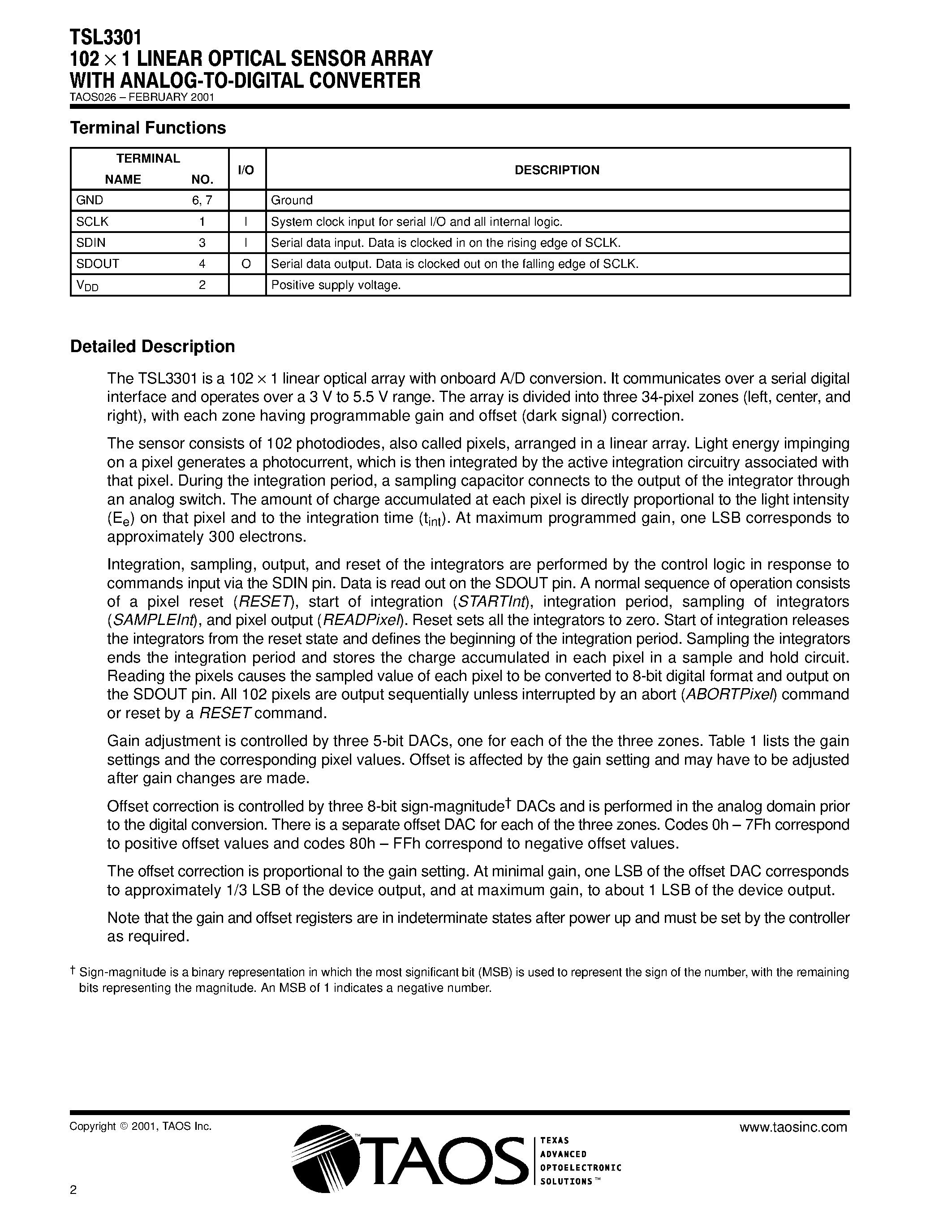 Datasheet TSL3301 page 2 Datasheet TSL3301 - 102 1 LINEAR OPTICAL SENSOR ARRAY WITH ANALOGTODIGITAL CONVERTER page 2