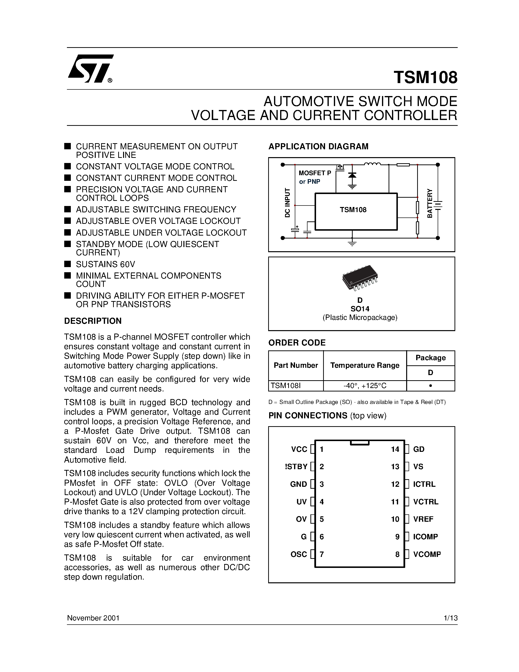 Datasheet TSM108D - AUTOMOTIVE SWITCH MODE VOLTAGE AND CURRENT CONTROLLER page 1