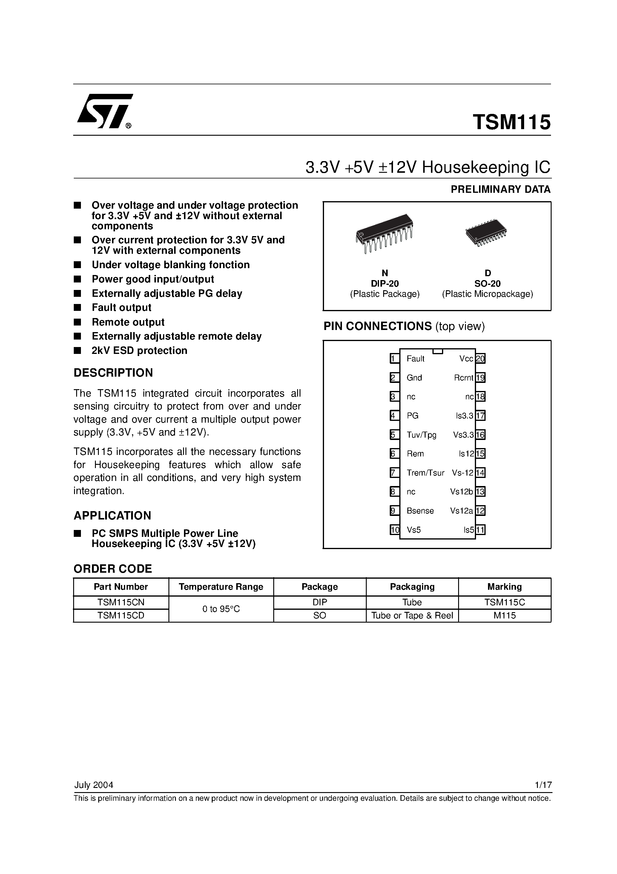 Datasheet TSM115 page 1 Datasheet TSM115 - 3.3V +5V 12V Housekeeping IC page 1