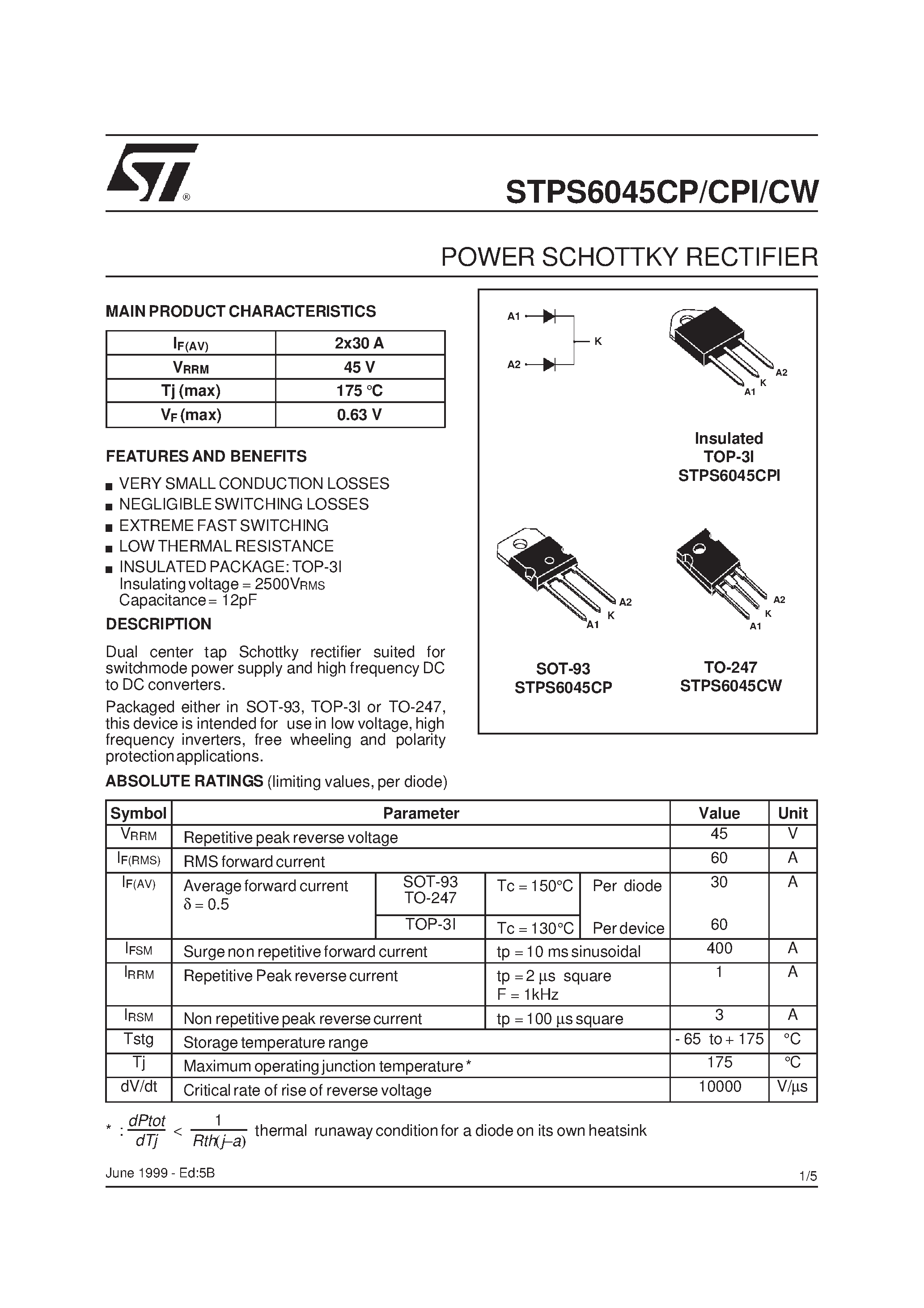 Datasheet TPS604 - POWER SCHOTTKY RECTIFIER page 1