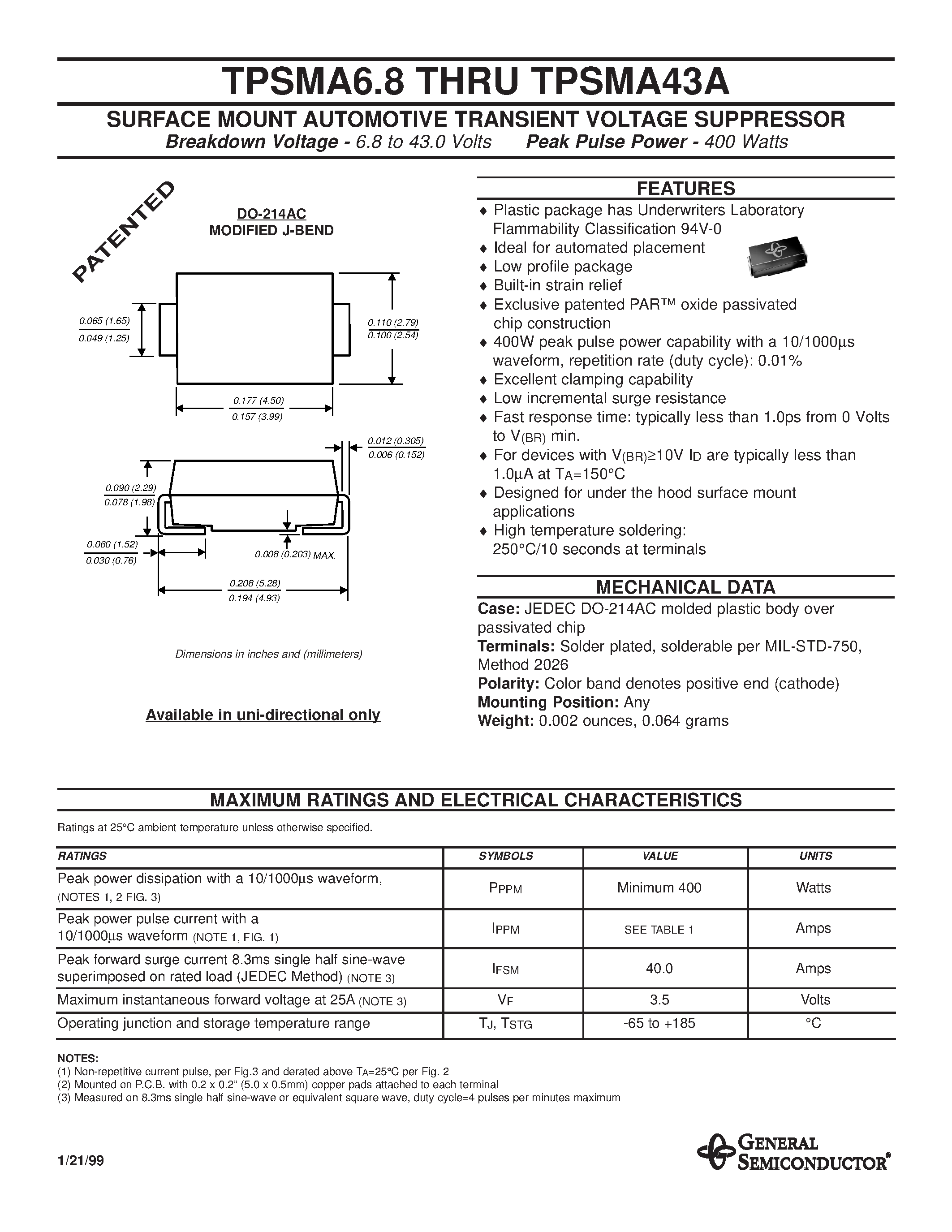 Datasheet TPSMA6.8 - SURFACE MOUNT AUTOMOTIVE TRANSIENT VOLTAGE SUPPRESSOR page 1