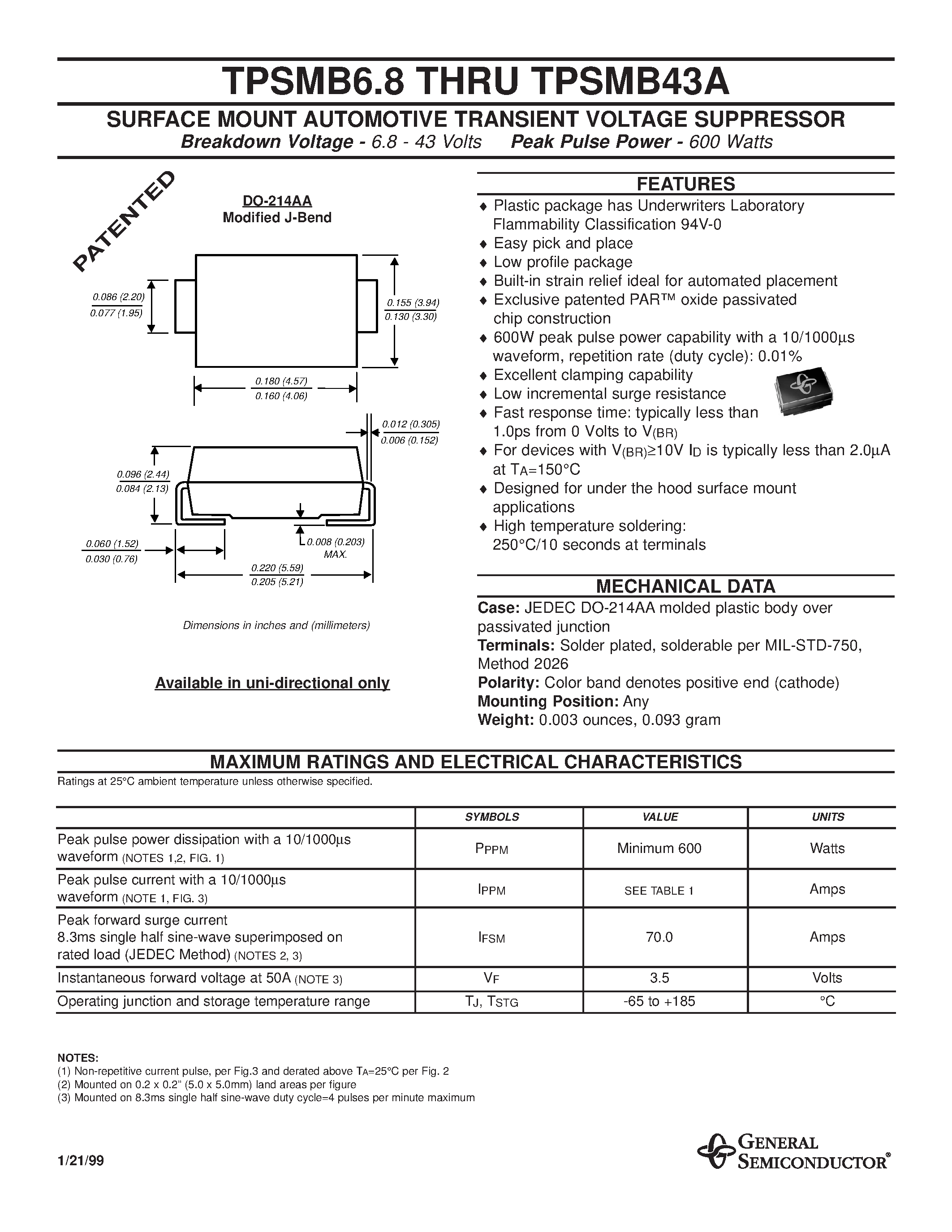 Datasheet TPSMB7.5 - SURFACE MOUNT AUTOMOTIVE TRANSIENT VOLTAGE SUPPRESSOR page 1