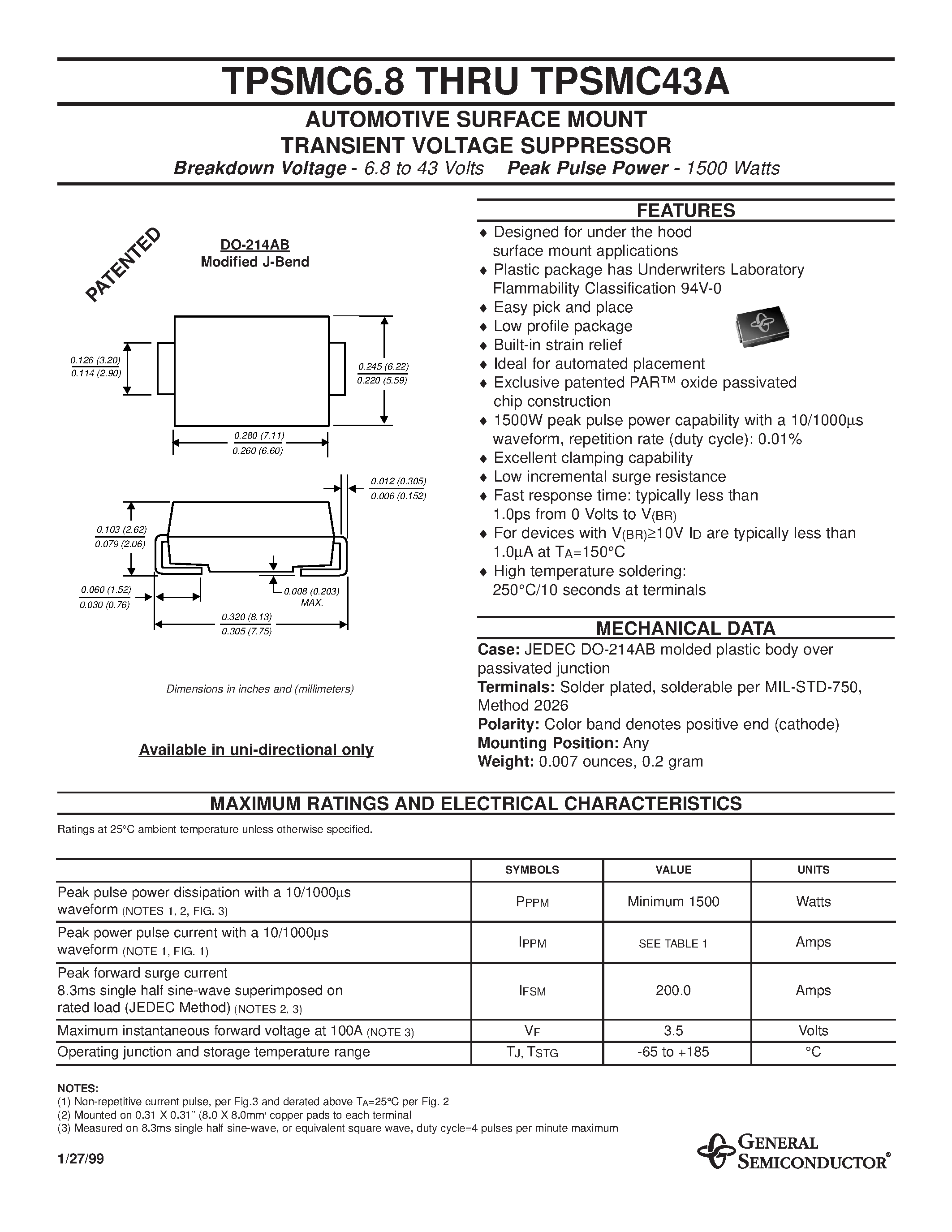 Datasheet TPSMC8.2 - AUTOMOTIVE SURFACE MOUNT TRANSIENT VOLTAGE SUPPRESSOR page 1
