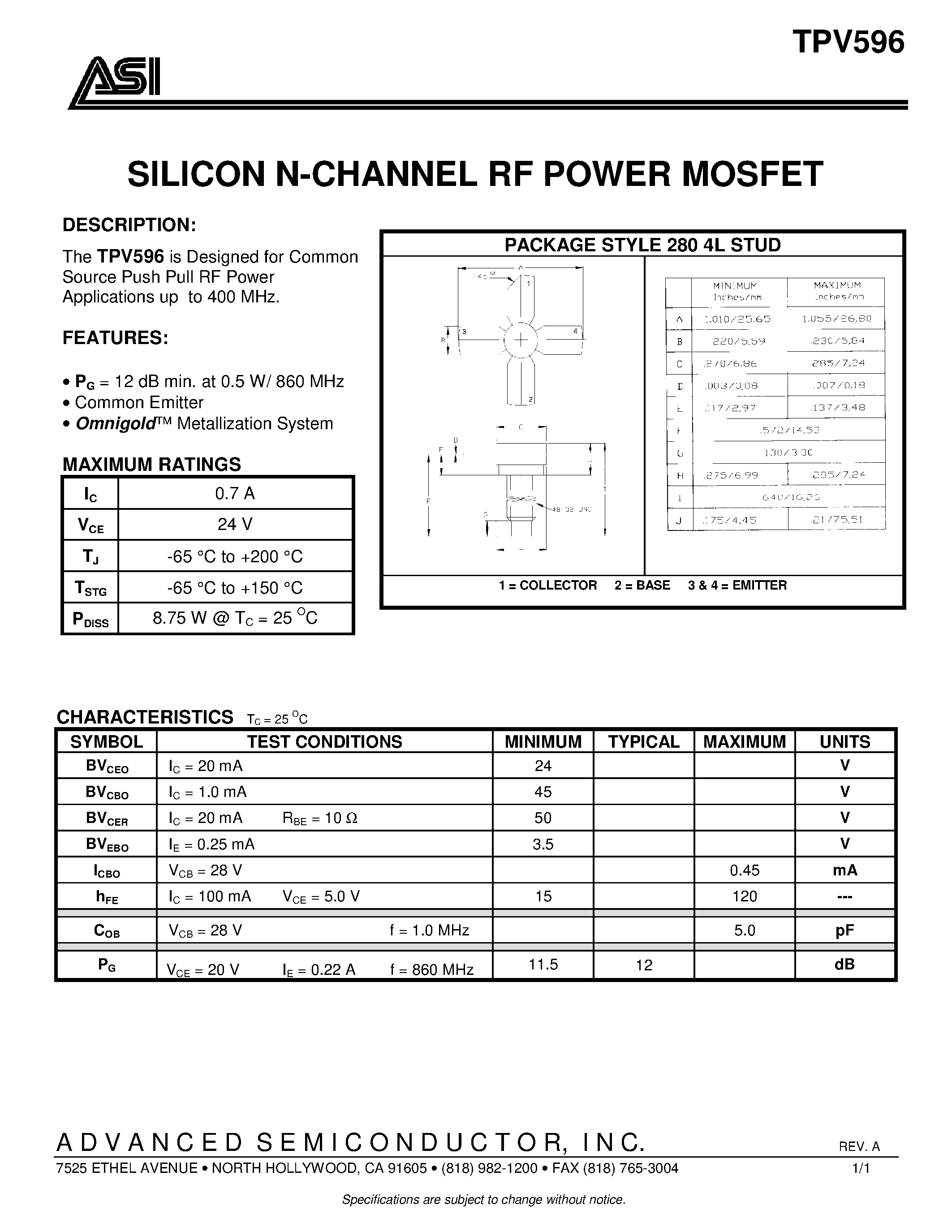 Datasheet TPV596 page 1 Datasheet TPV596 - SILICON N-CHANNEL RF POWER MOSFET page 1
