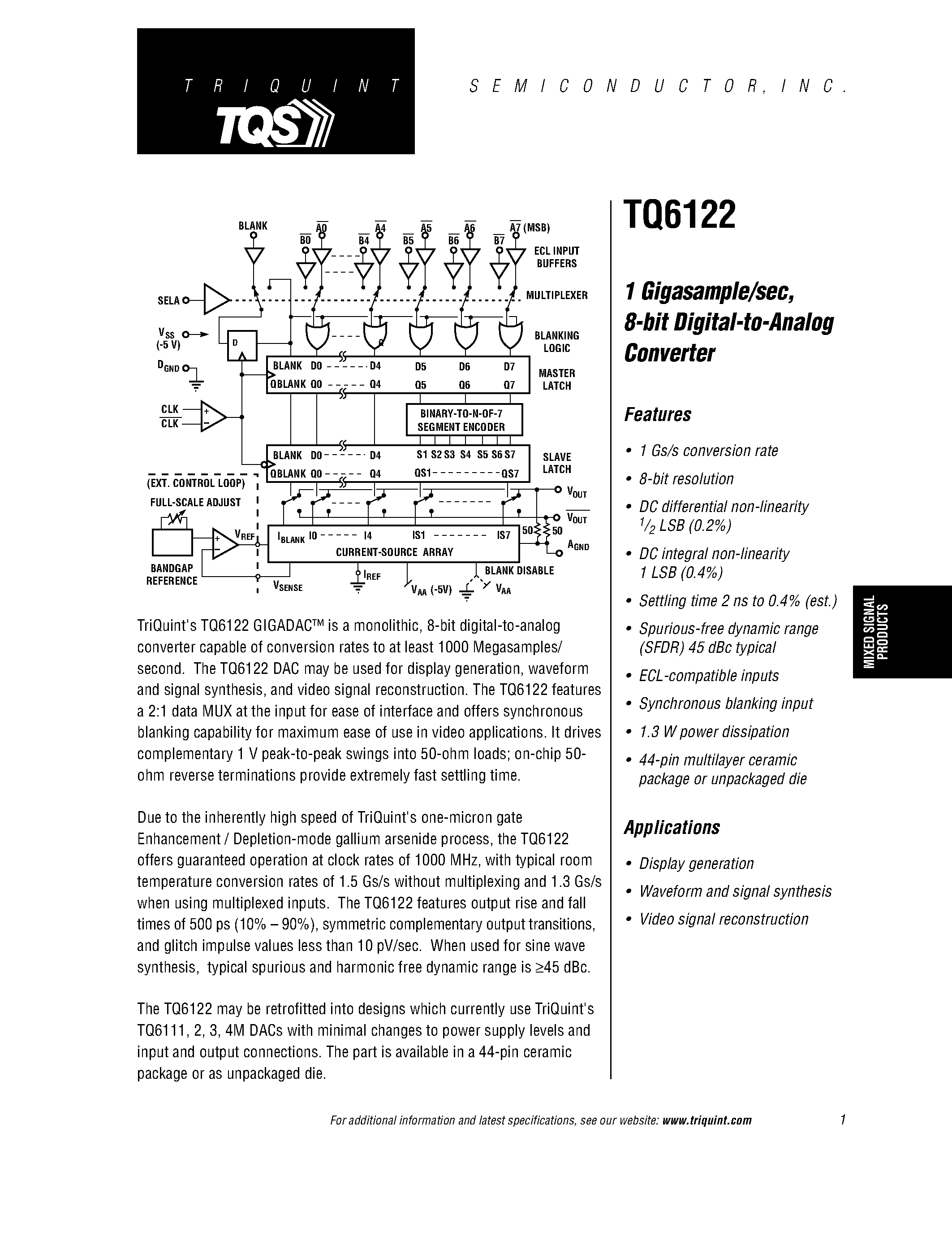Datasheet TQ6122 - 1 Gigasample/sec/ 8-bit Digital-to-Analog Converter page 1