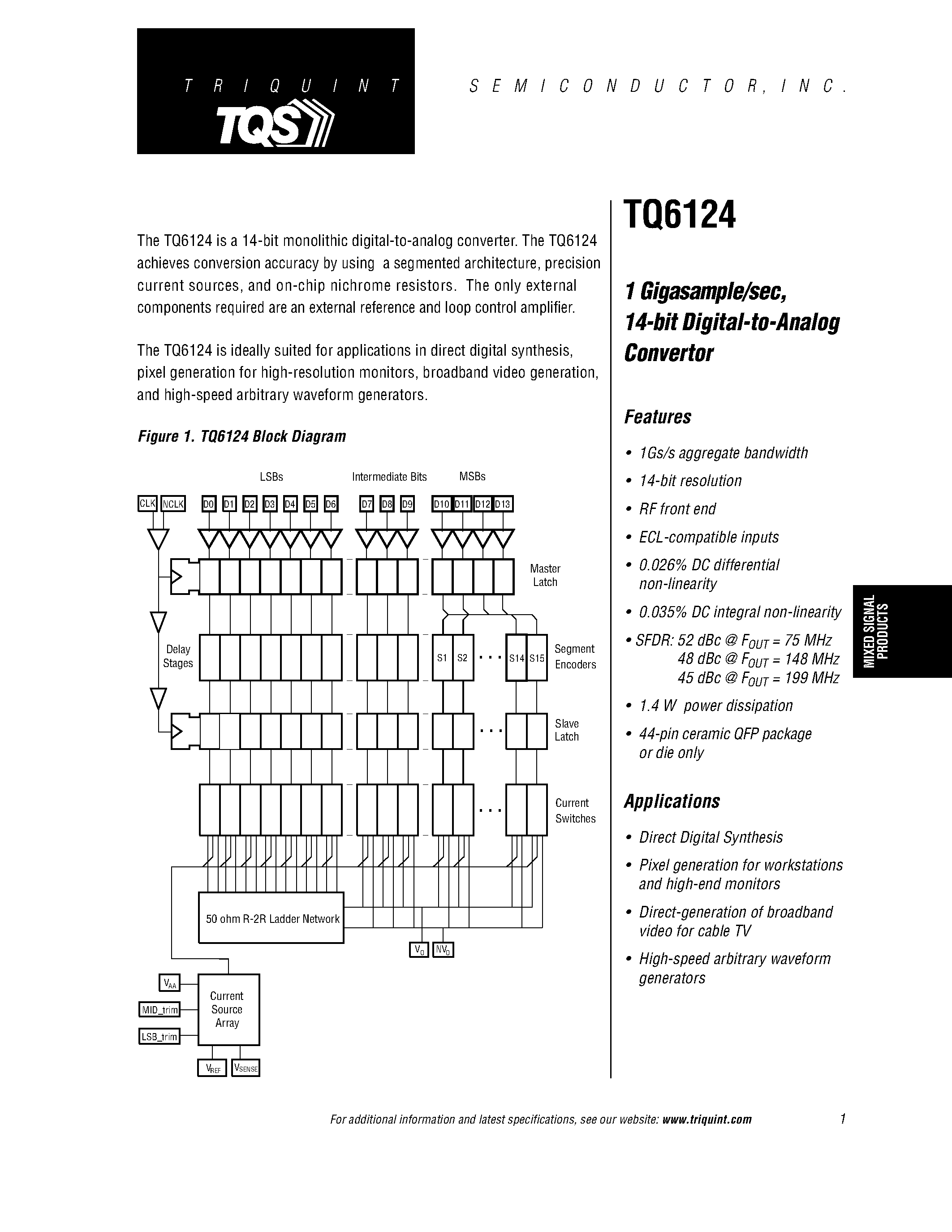 Datasheet TQ6124 page 1 Datasheet TQ6124 - 1 Gigasample/sec/ 14-bit Digital-to-Analog Convertor page 1