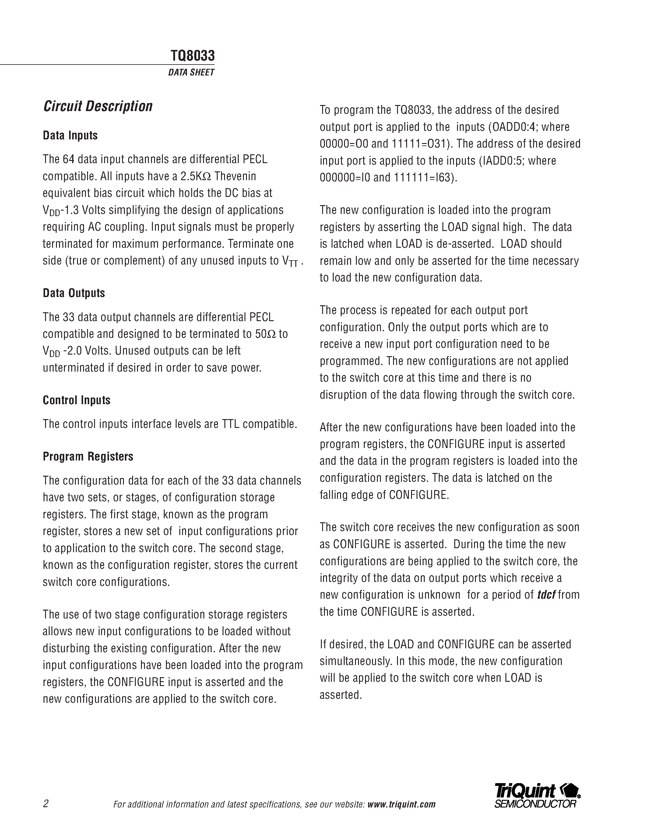 Datasheet TQ8033 page 2 Datasheet TQ8033 - 1.5 Gbit/sec 64x33 Expandable Crosspoint Switch page 2