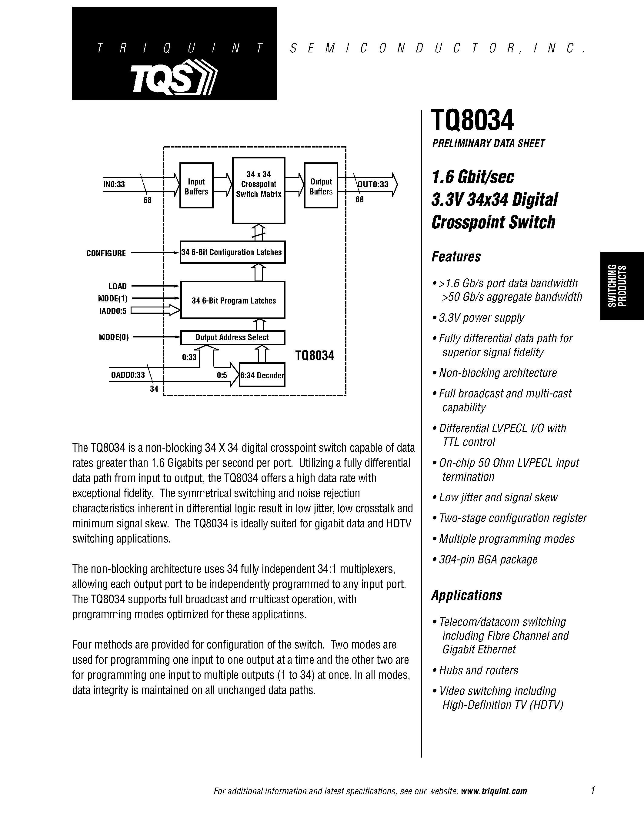 Даташит TQ8034 - 1.6 Gbit/sec 3.3V 34x34 Digital Crosspoint Switch страница 1