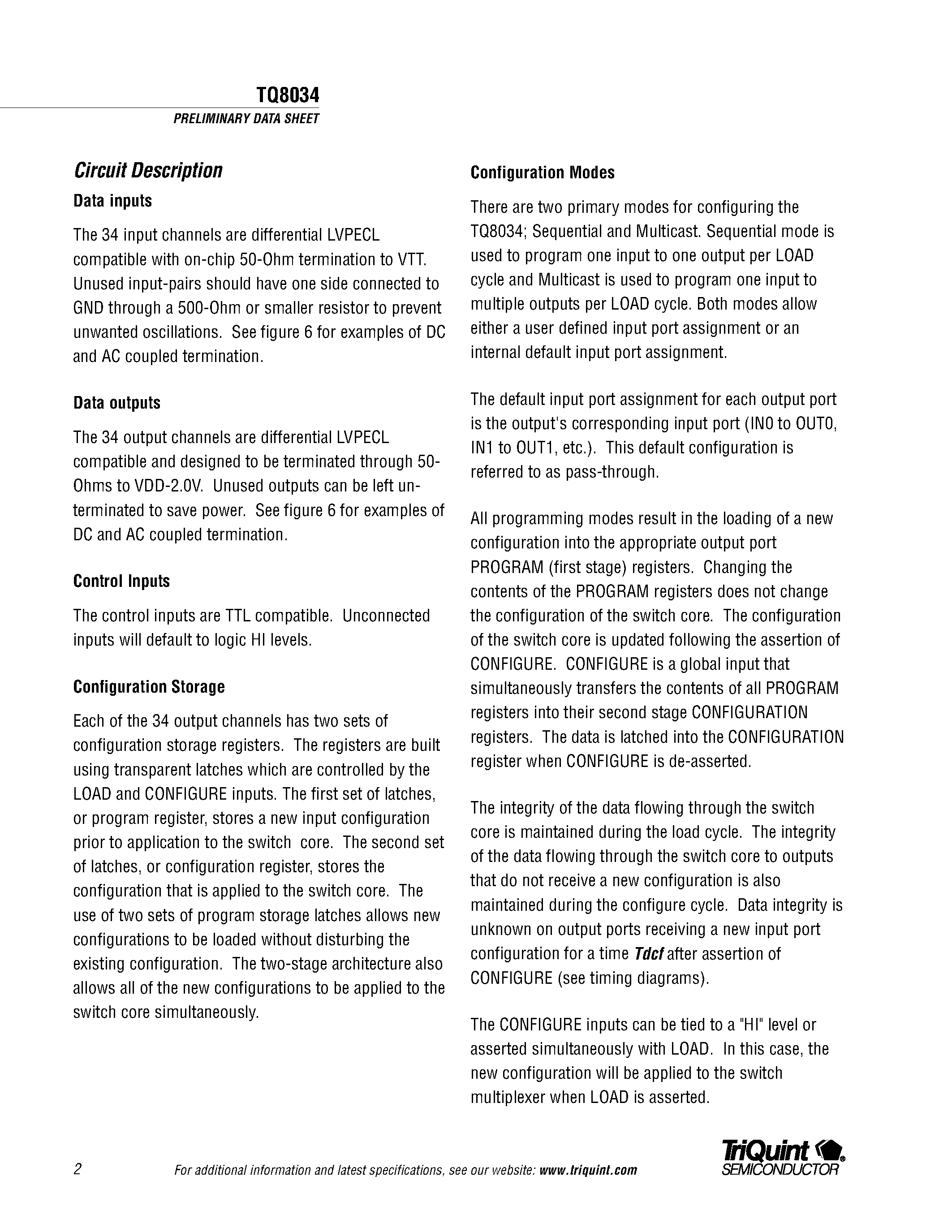 Даташит TQ8034 - 1.6 Gbit/sec 3.3V 34x34 Digital Crosspoint Switch страница 2