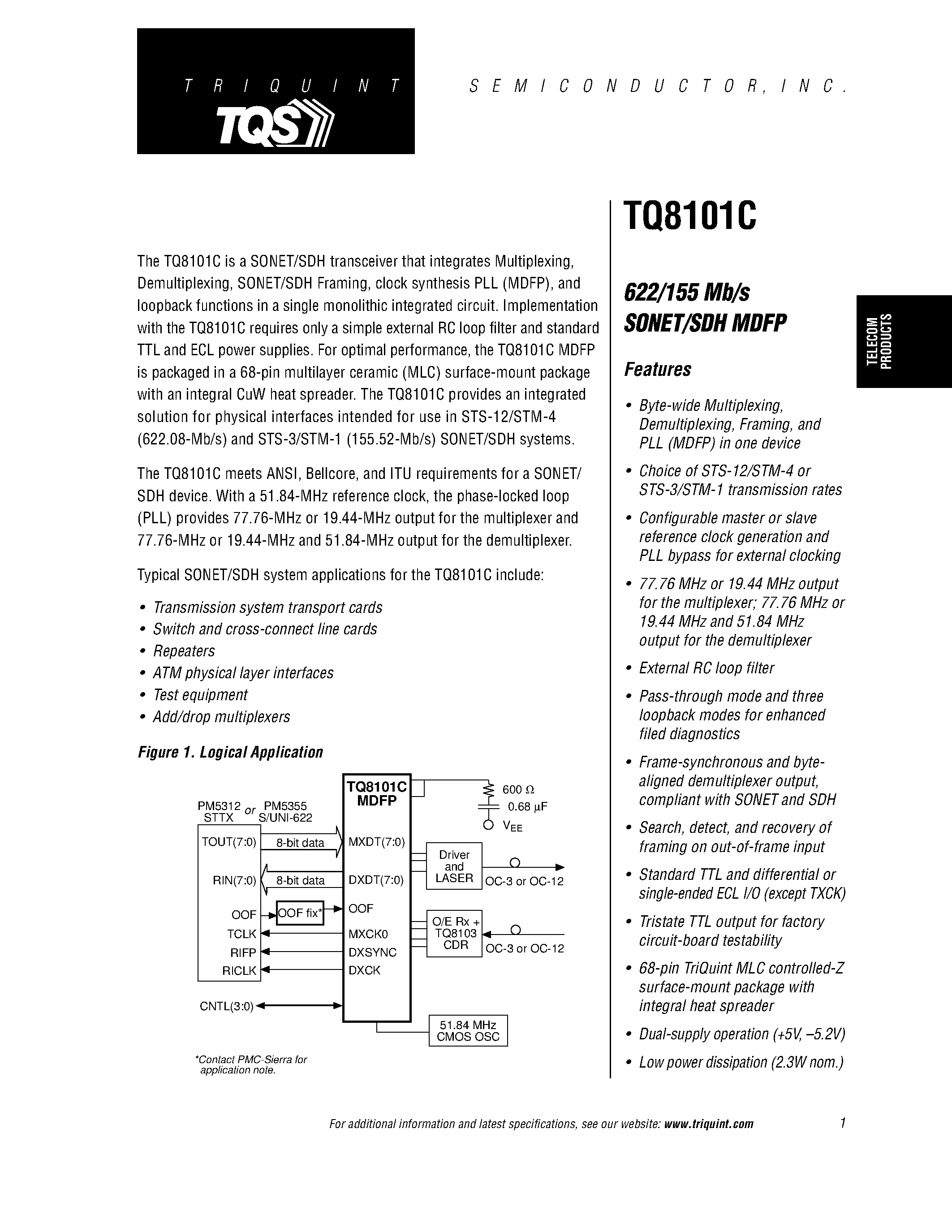 Datasheet TQ8101C page 1 Datasheet TQ8101C - 622/155 Mb/s SONET/SDH MDFP page 1