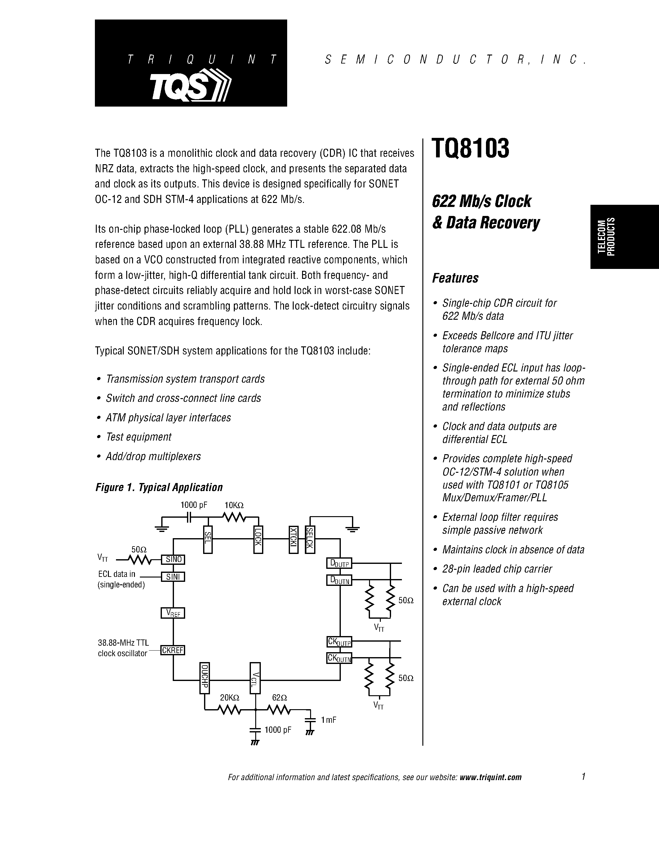 Datasheet TQ8103 - 622 Mb/s Clock & Data Recovery page 1