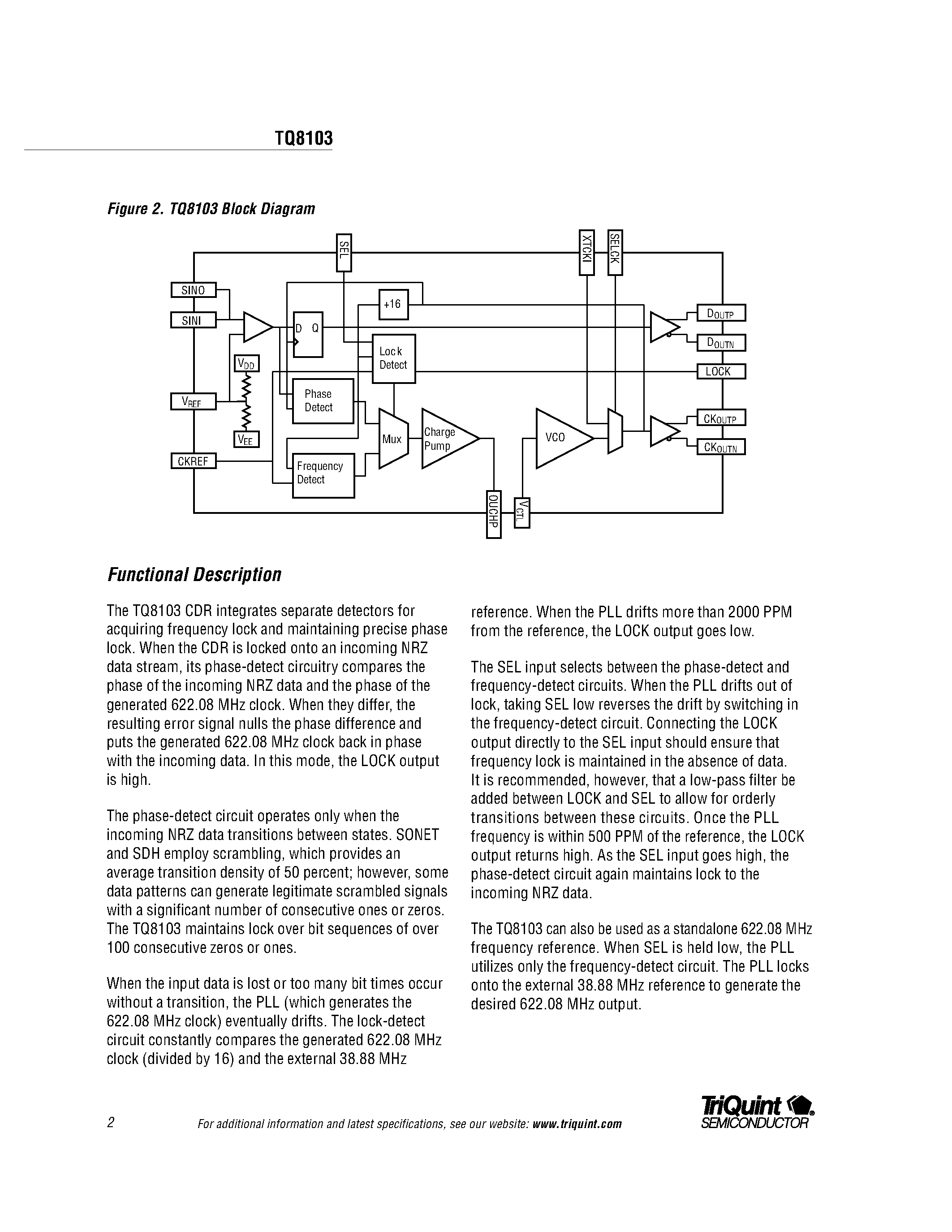 Datasheet TQ8103 - 622 Mb/s Clock & Data Recovery page 2