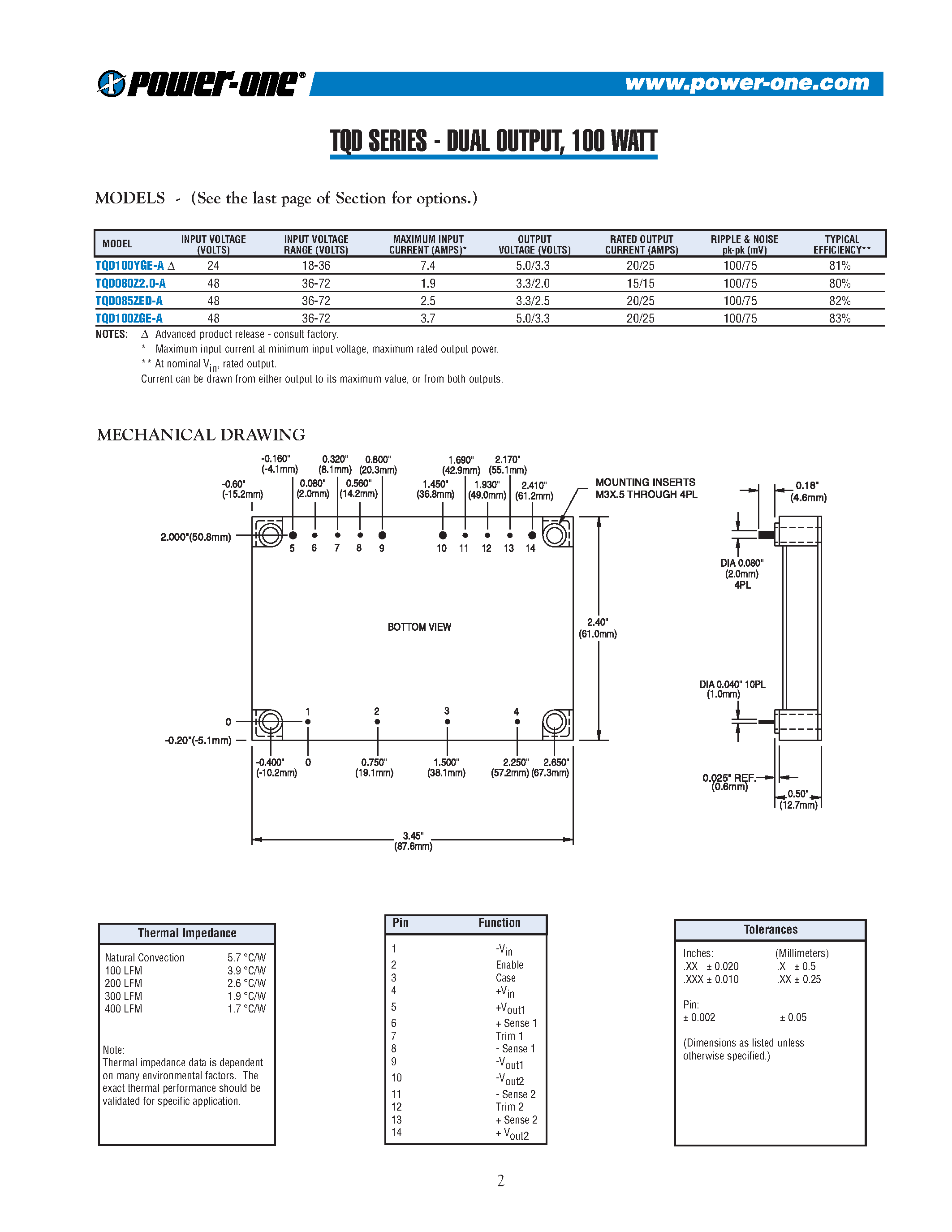 Datasheet TQD085ZED-A - DUAL OUTPUT/ 100 WATT page 2