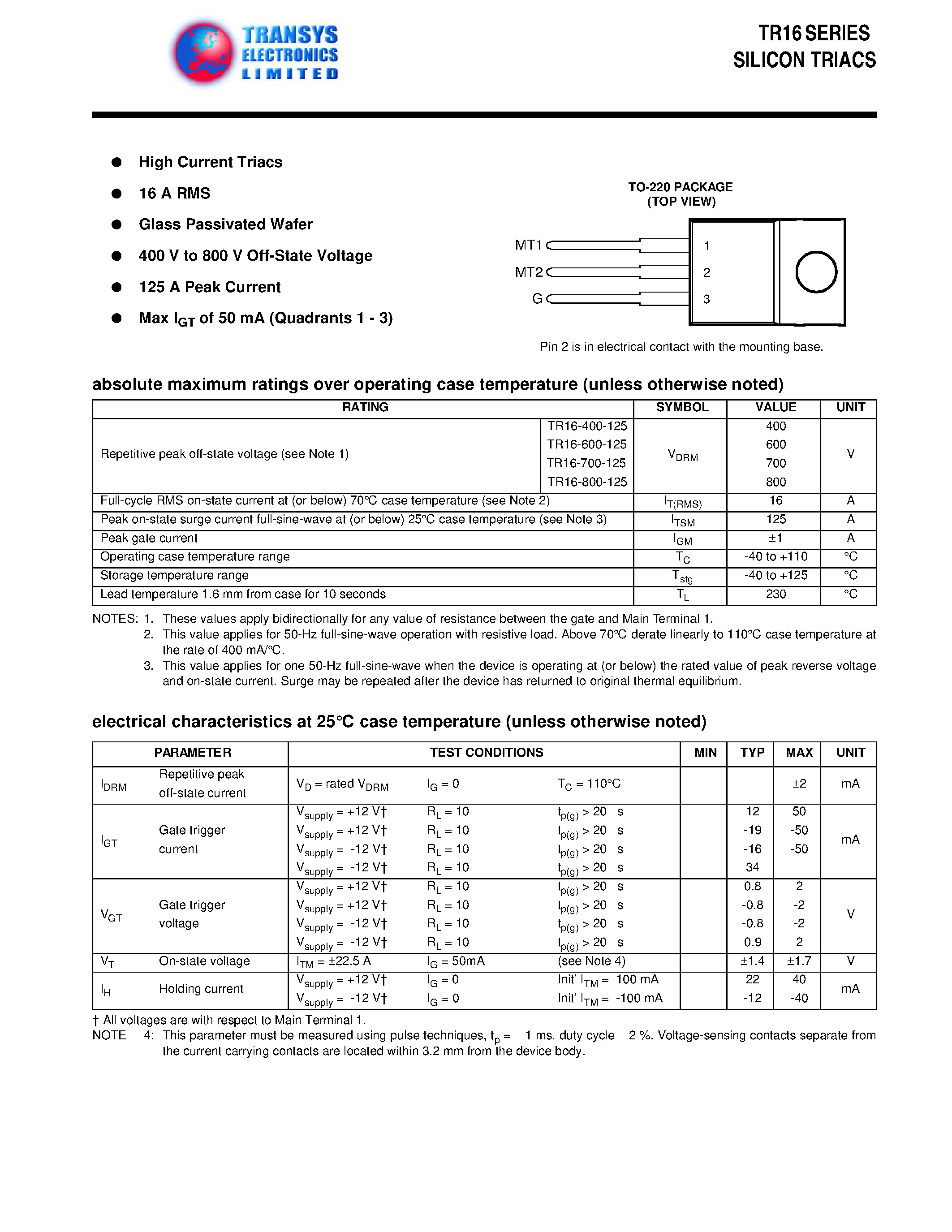 Datasheet TR16-700-125 - SILICON TRIACS page 1
