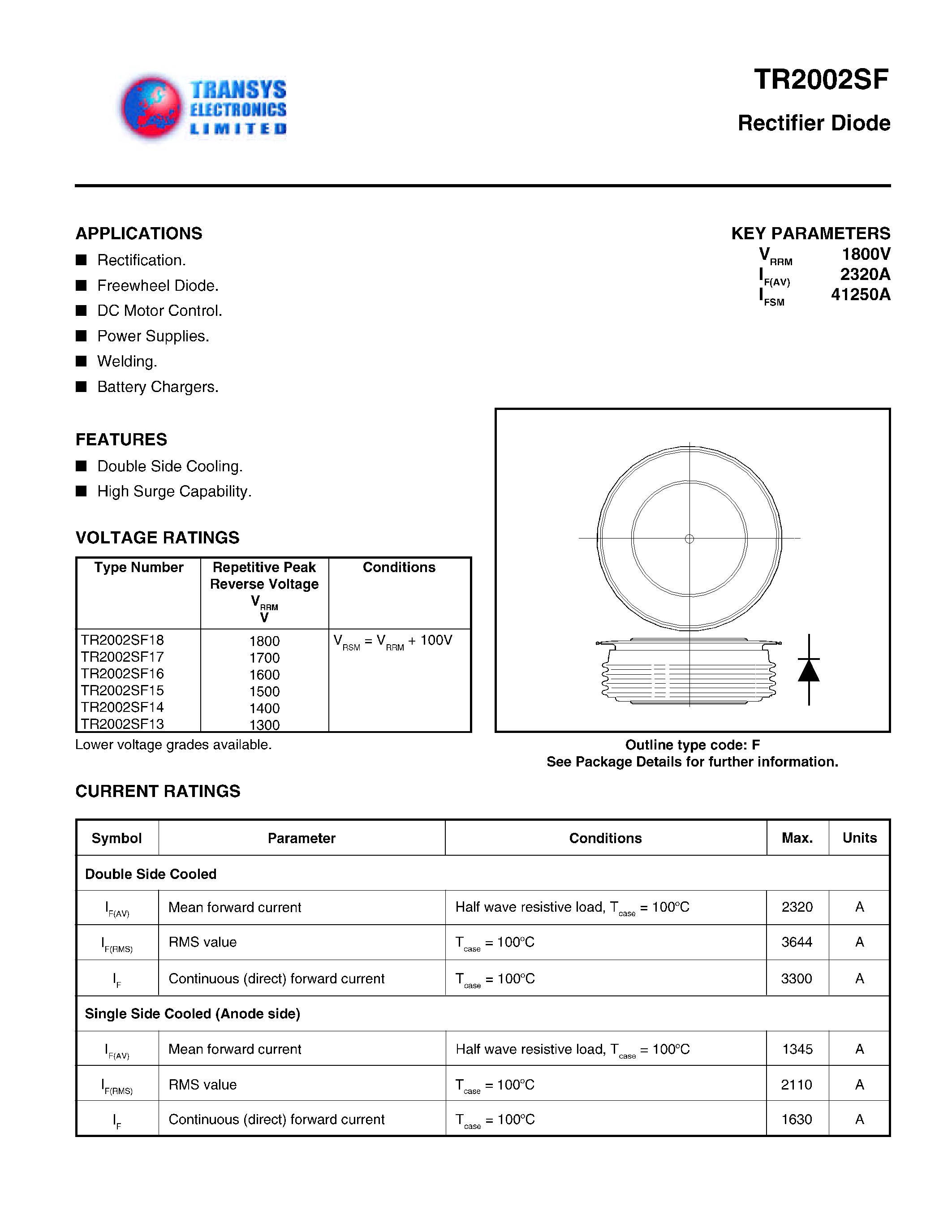Datasheet TR2002SF page 1 Datasheet TR2002SF - RECTIFIER DIODE page 1