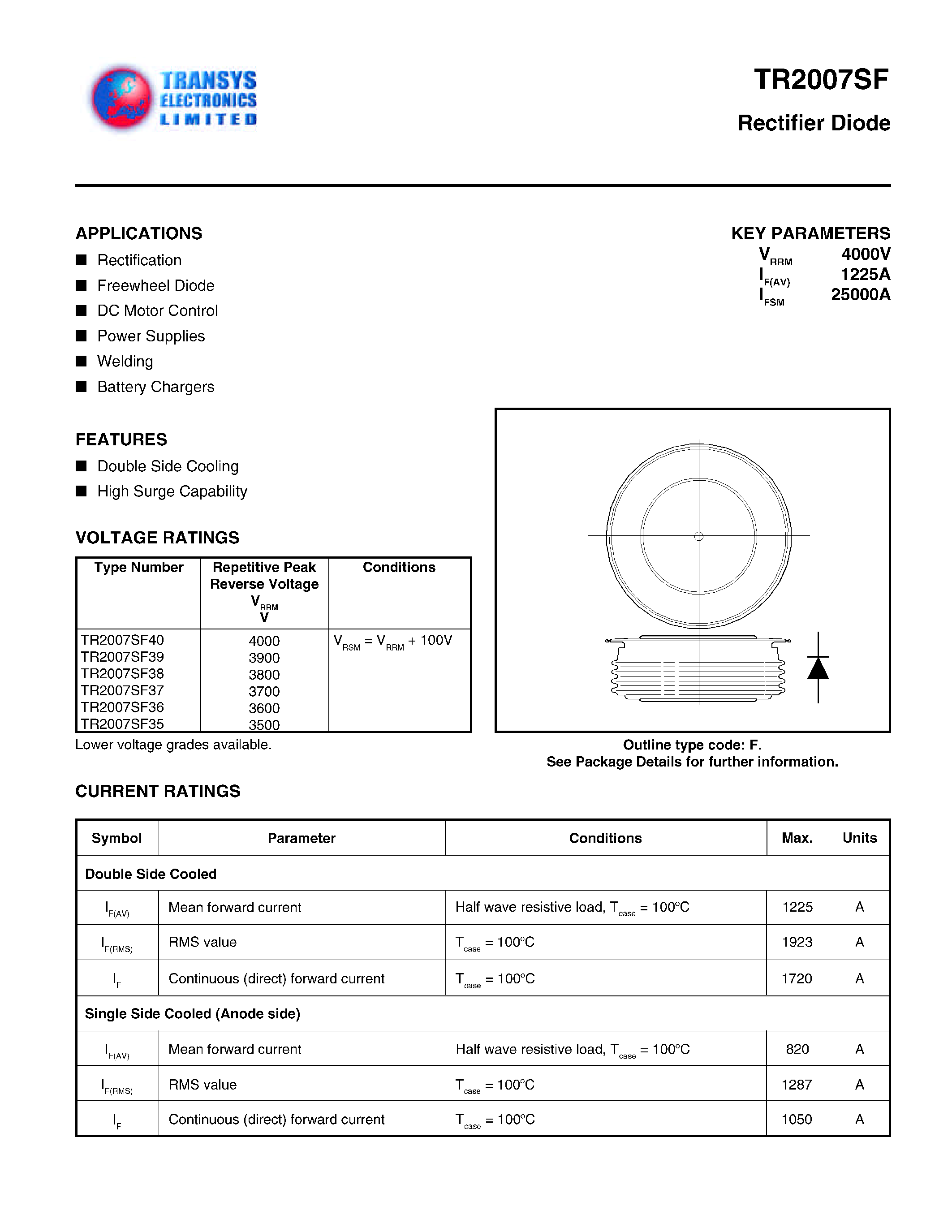 Datasheet TR2007SF page 1 Datasheet TR2007SF - RECTIFIER DIODE page 1
