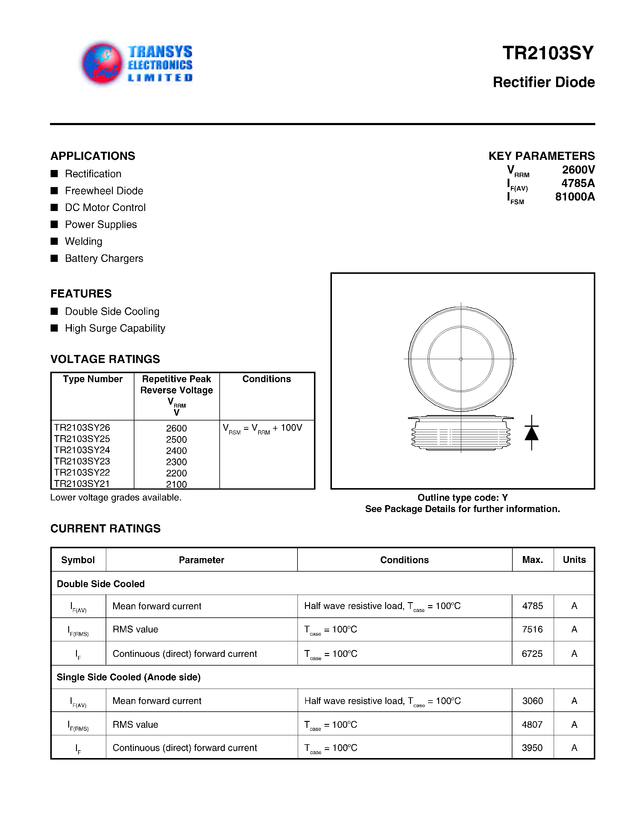 Datasheet TR2103SY - RECTIFIER DIODE page 1