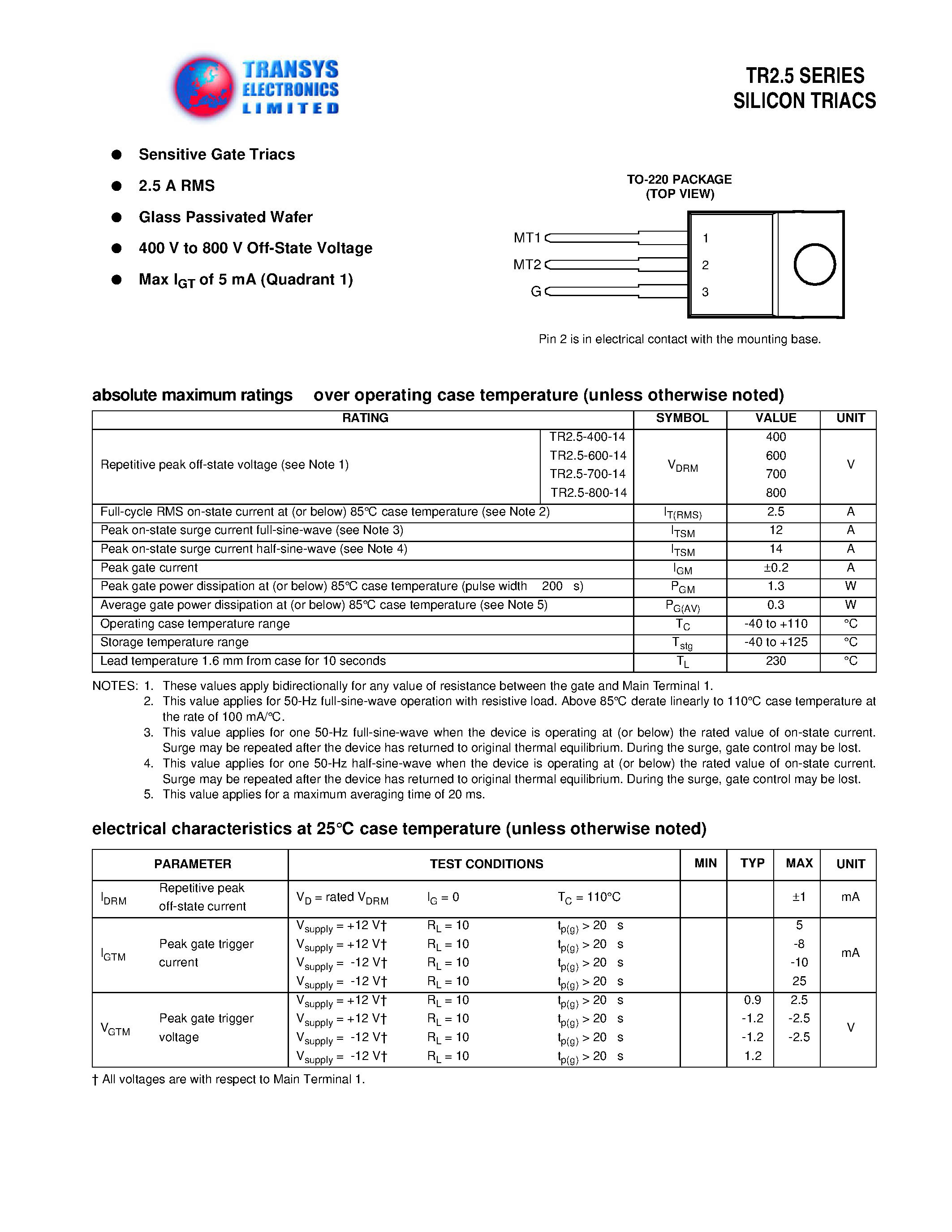 Datasheet TR25 - SILICON TRIACS page 1