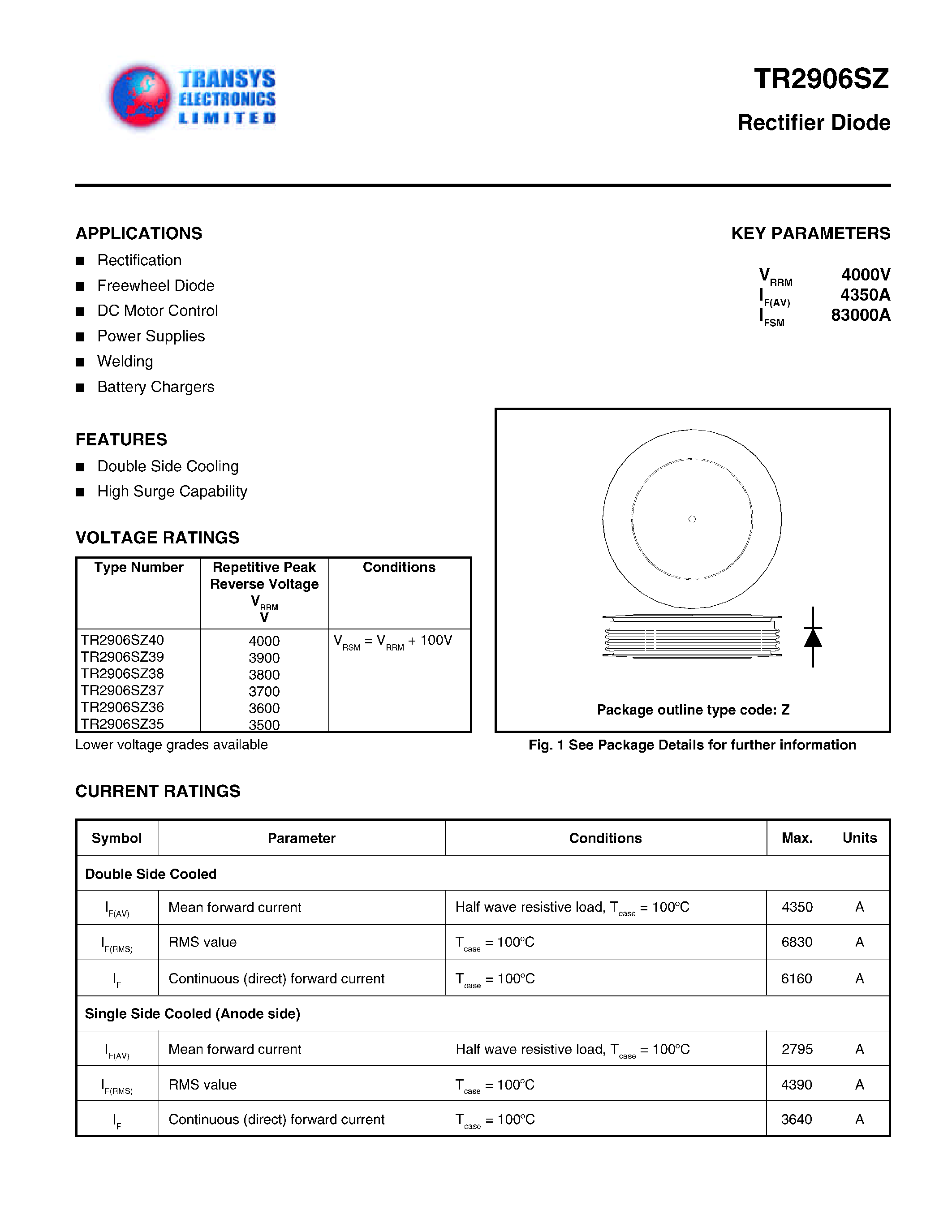 Datasheet TR2906SZ page 1 Datasheet TR2906SZ - RECTIFIER DIODE page 1
