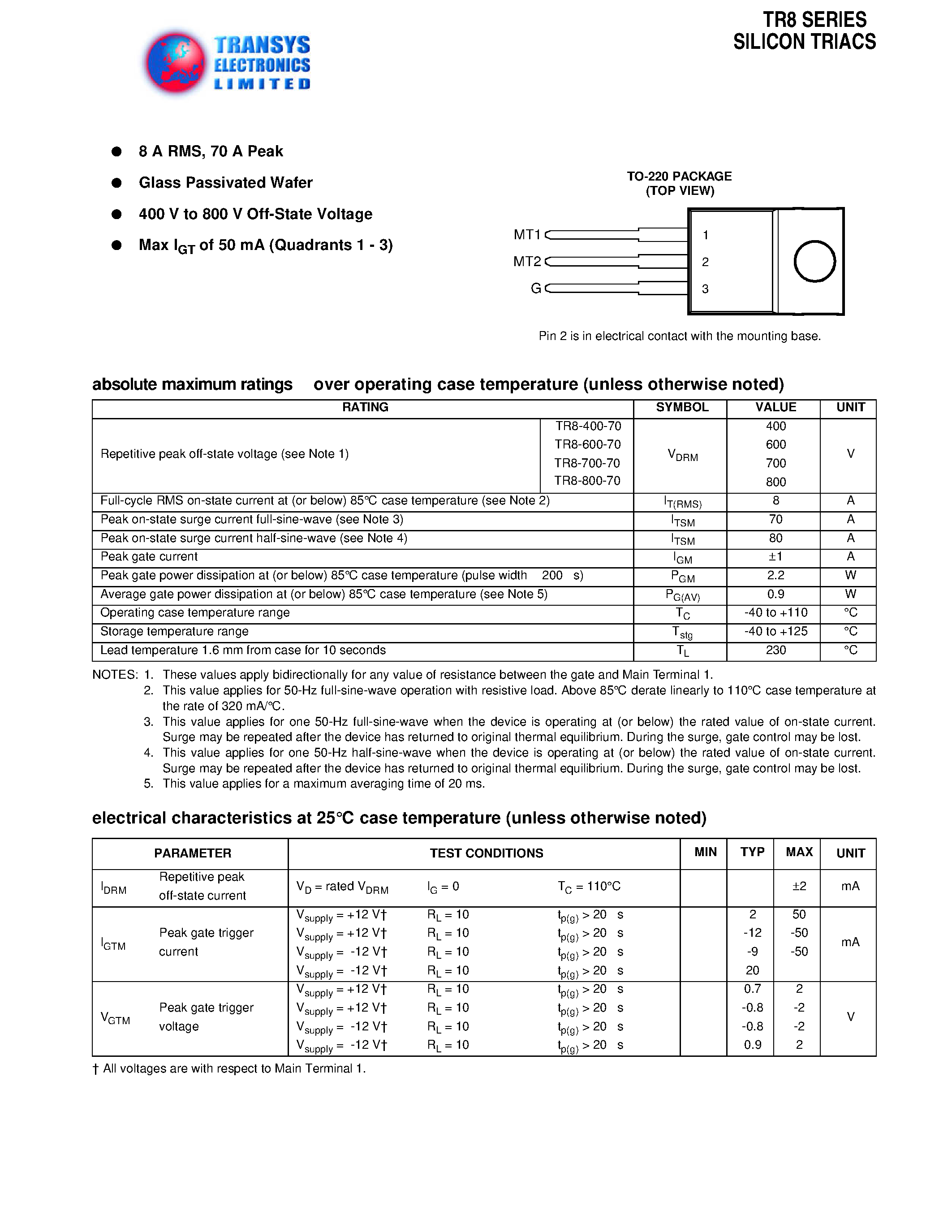Datasheet TR8-600-70 - SILICON TRIACS page 1