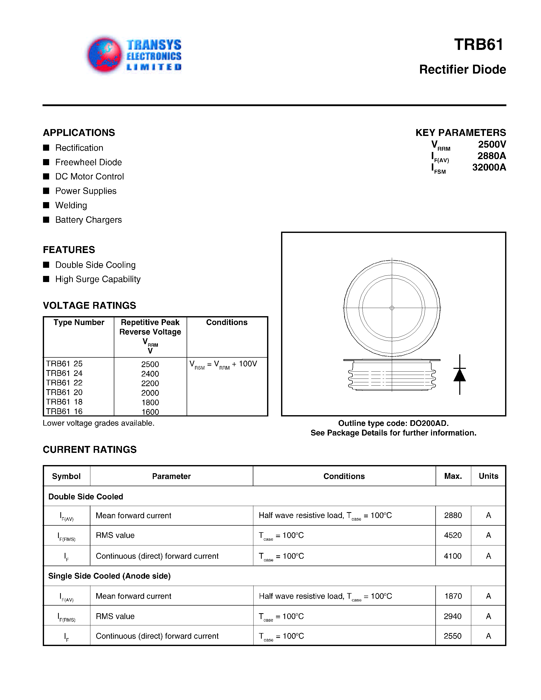 Datasheet TRB61 page 1 Datasheet TRB61 - RECTIFIER DIODE page 1