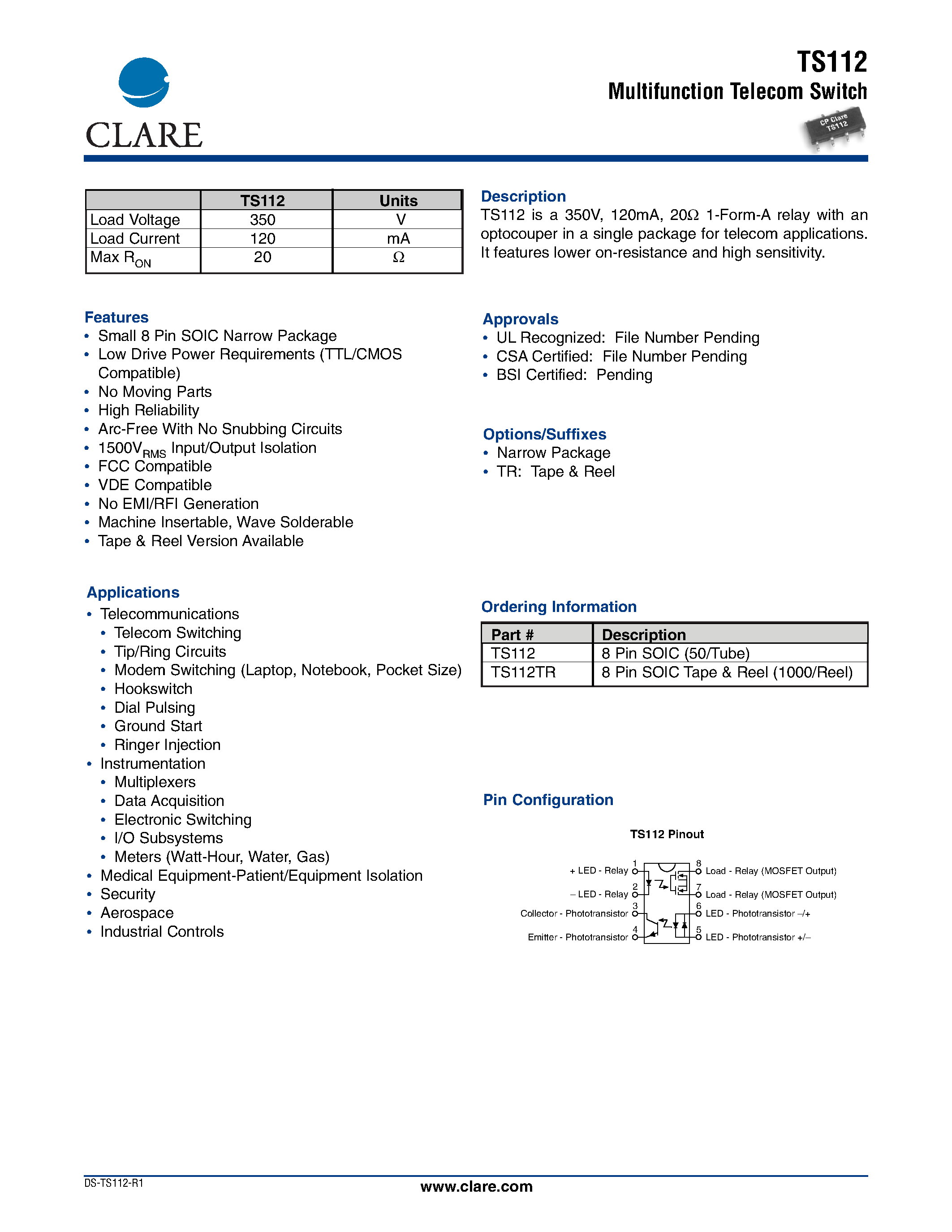 Datasheet TS112 - Multifunction Telecom Switch page 1