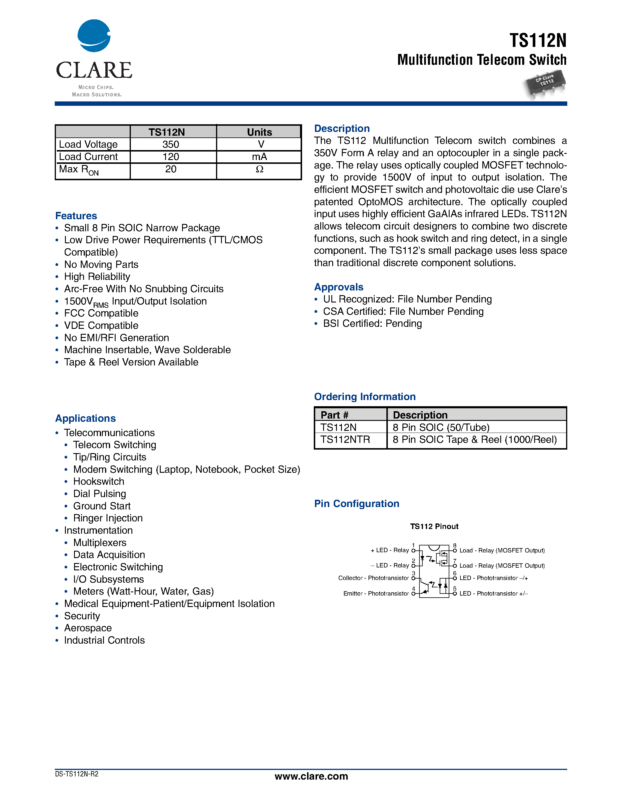 Datasheet TS112N page 1 Datasheet TS112N - Multifunction Telecom Switch page 1