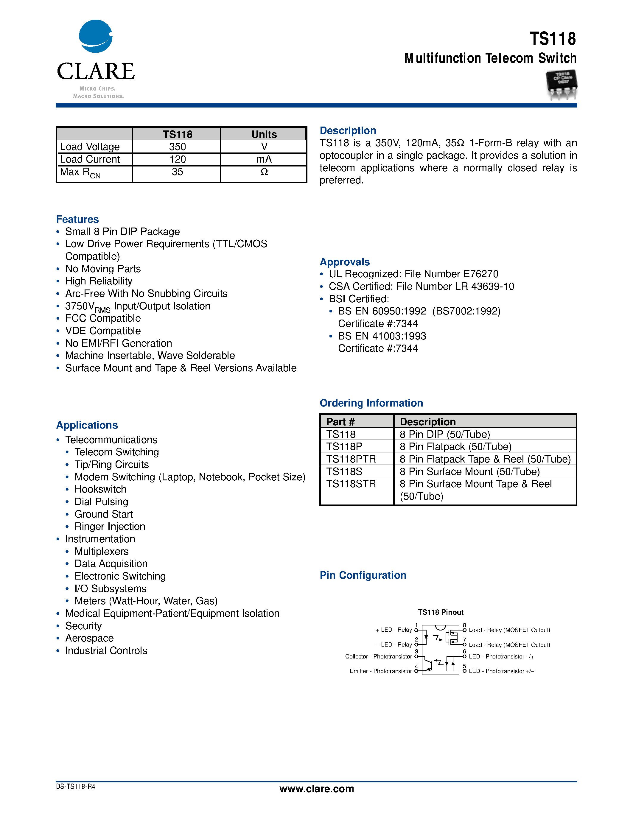 Datasheet TS118PTR page 1 Datasheet TS118PTR - Multifunction Telecom Switch page 1