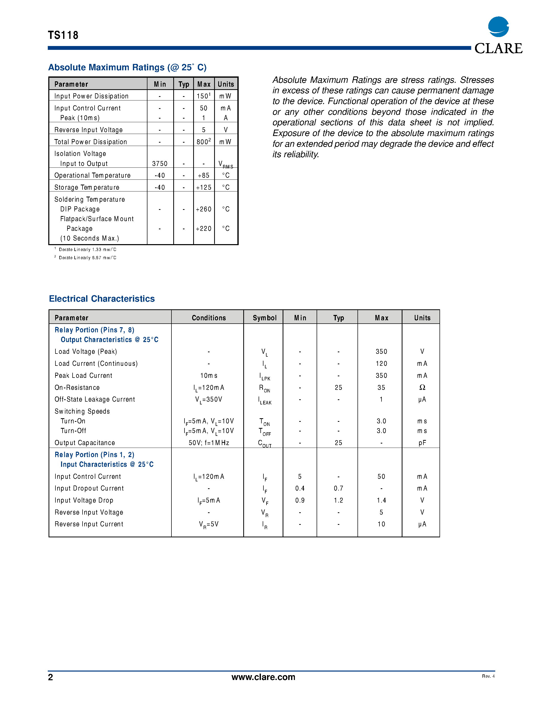 Datasheet TS118PTR page 2 Datasheet TS118PTR - Multifunction Telecom Switch page 2