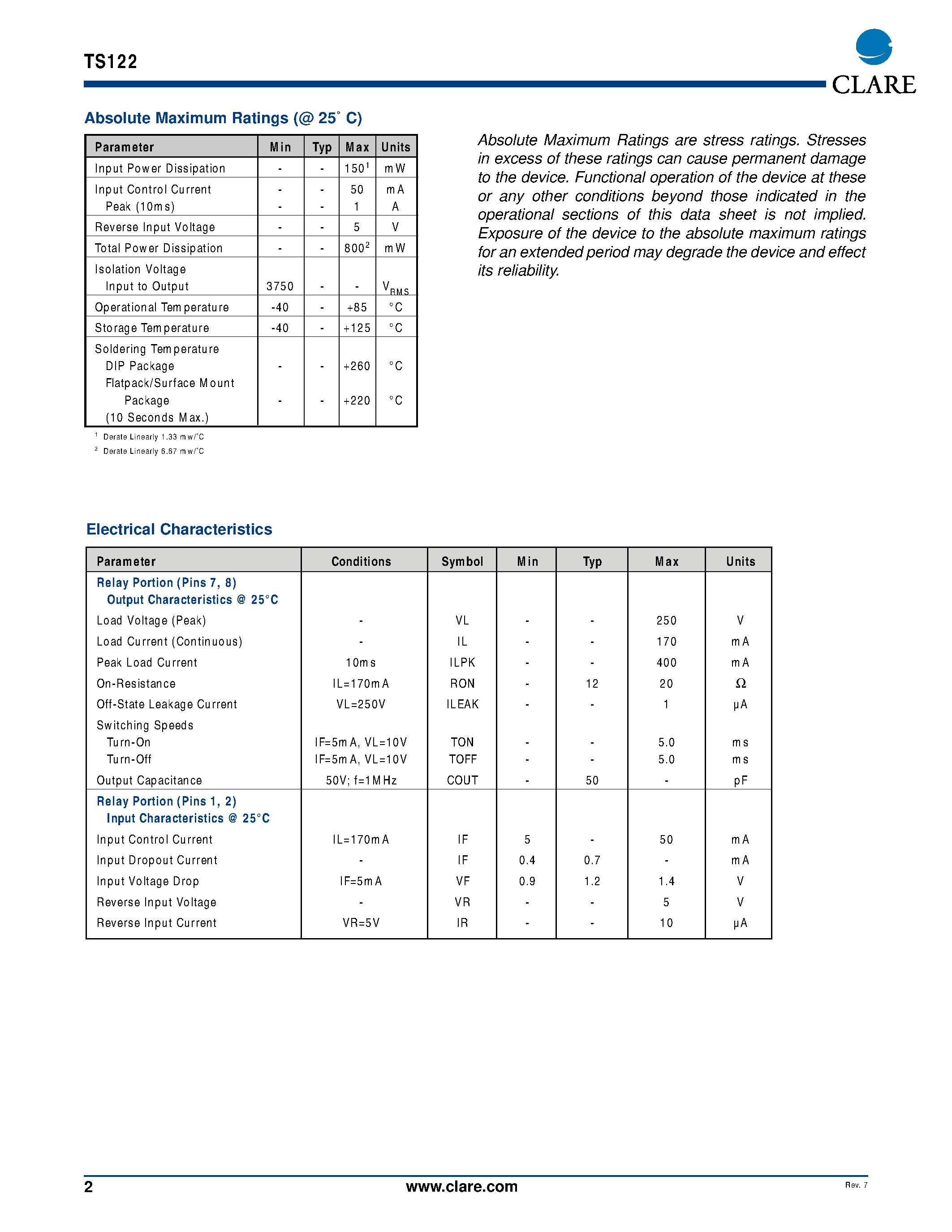 Datasheet TS122 page 2 Datasheet TS122 - Single Pole OptoMOS Relay page 2
