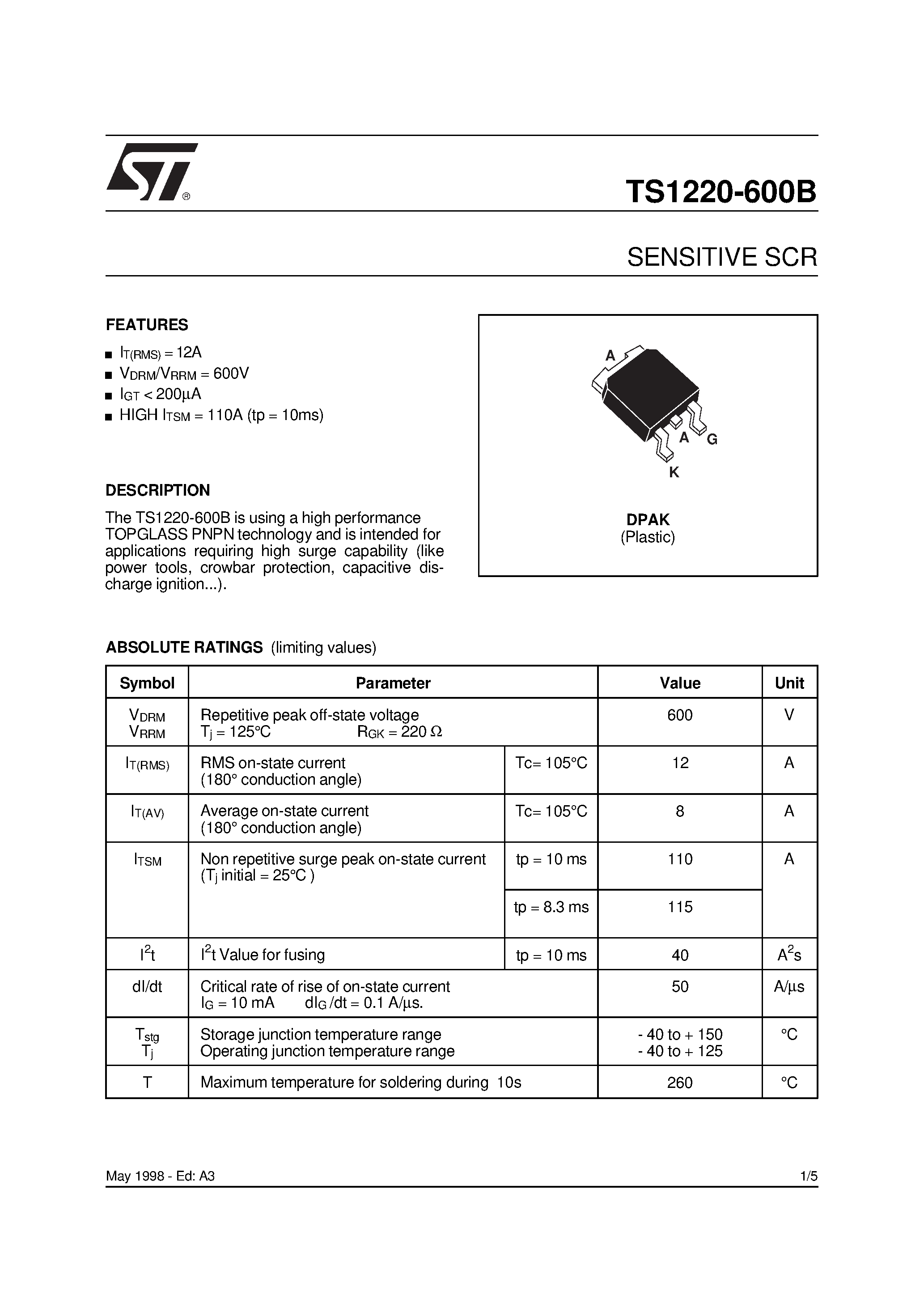 Даташит TS1220-600B - SENSITIVE & STANDARD(12A SCRs) страница 1