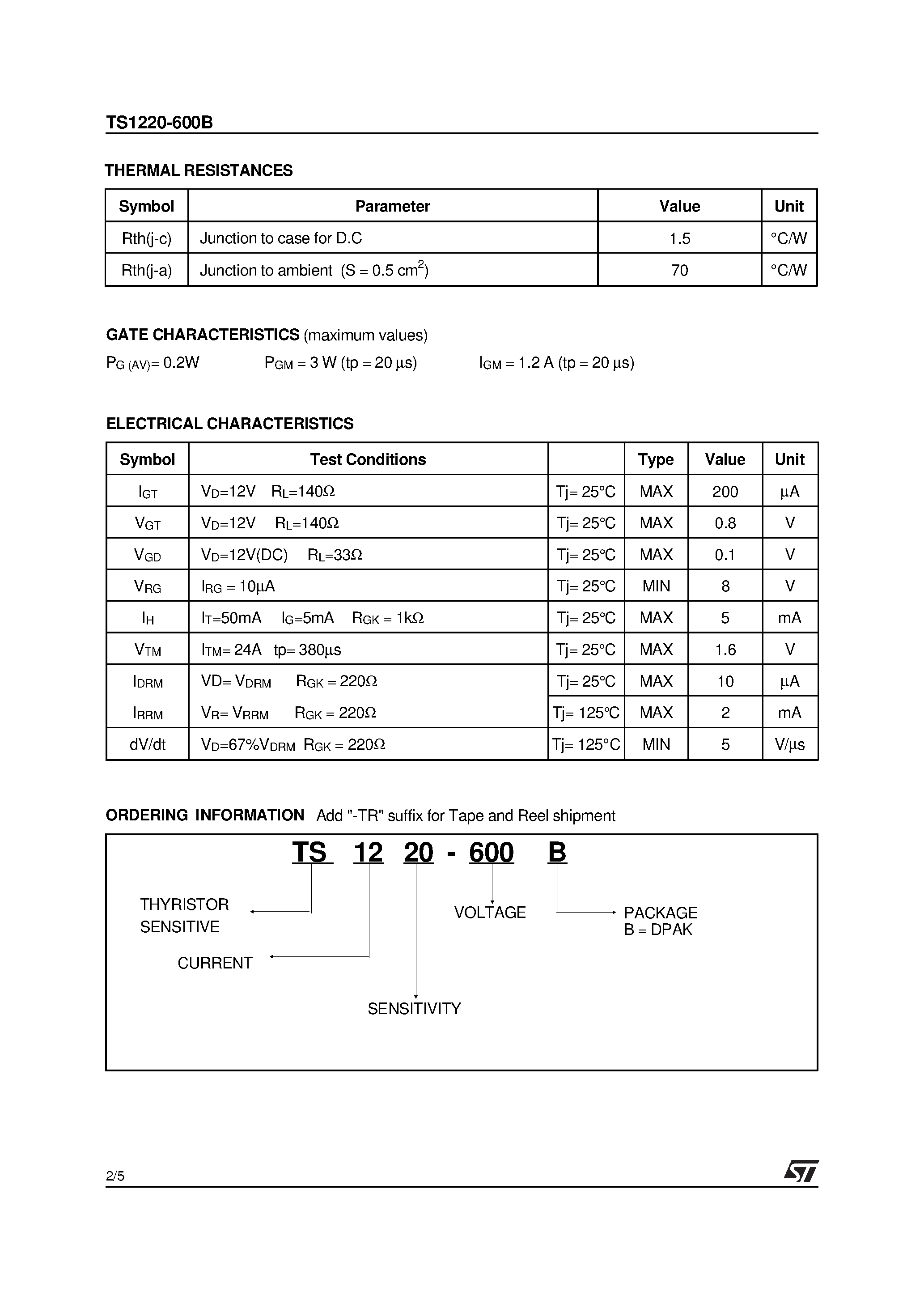 Даташит TS1220-600B - SENSITIVE & STANDARD(12A SCRs) страница 2
