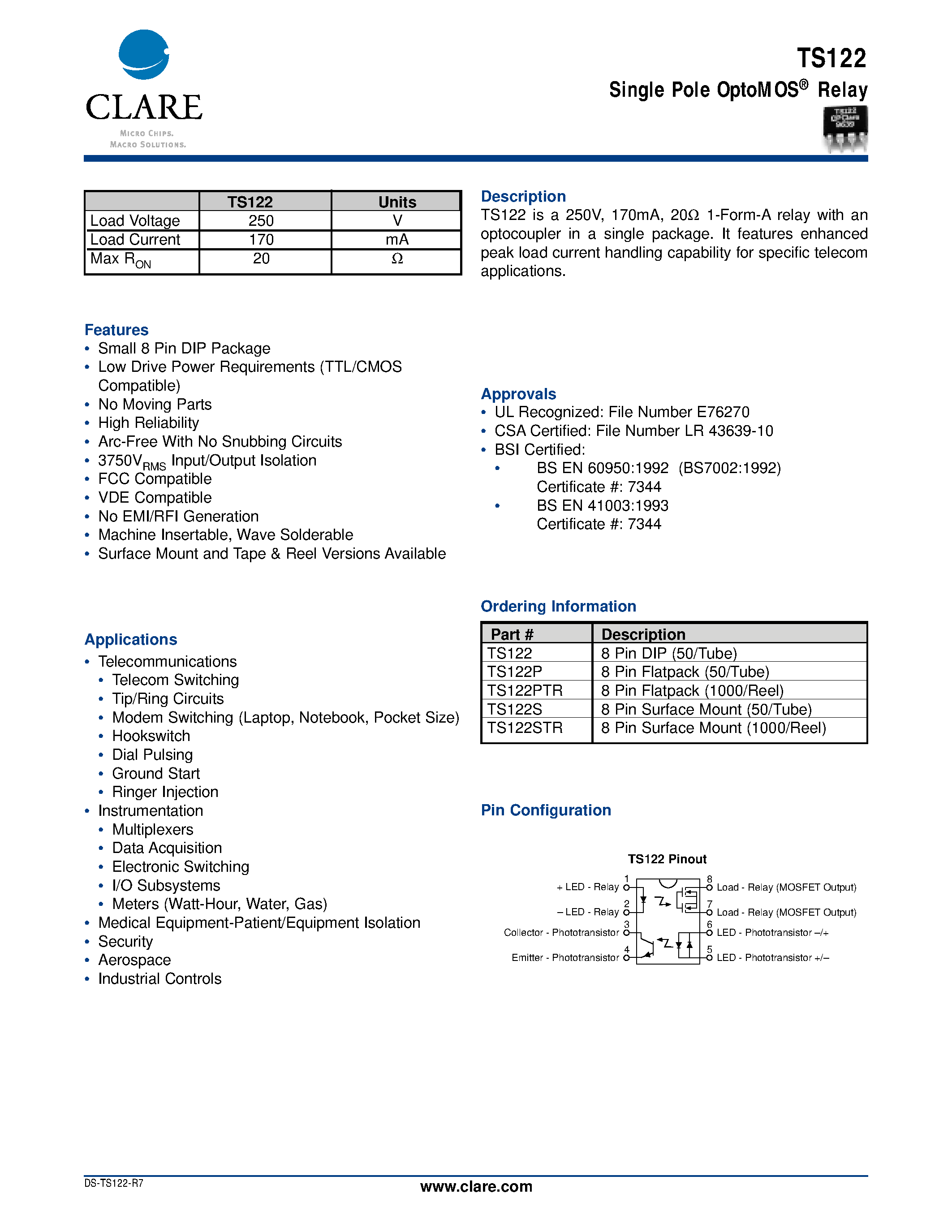 Datasheet TS122S page 1 Datasheet TS122S - Single Pole OptoMOS Relay page 1