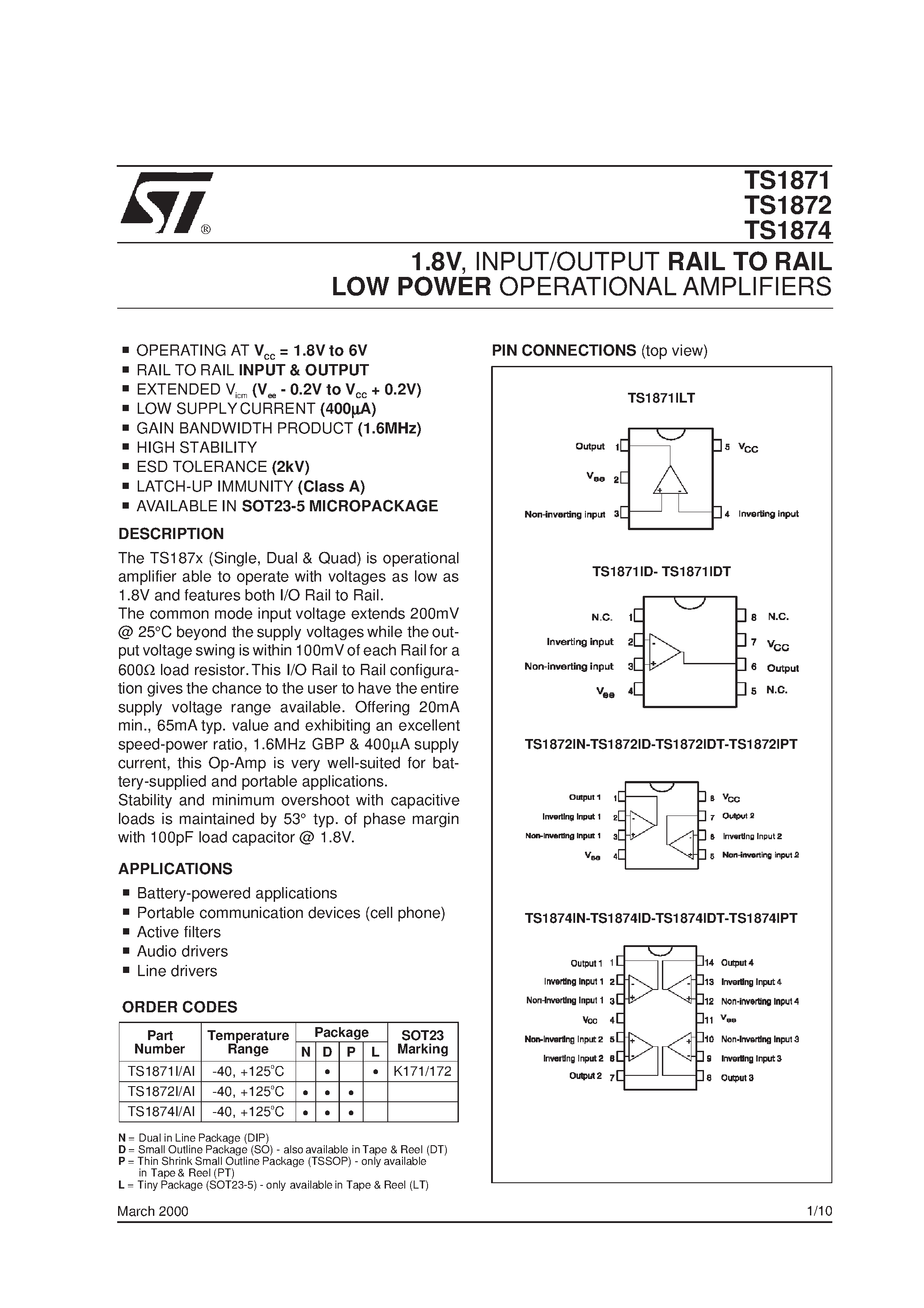 Даташит на микросхему TS1872AI страница 1 Даташит TS1872AI - 1.8V/ INPUT/OUTPUT RAIL TO RAIL LOW POWER OPERATIONAL AMPLIFIERS страница 1