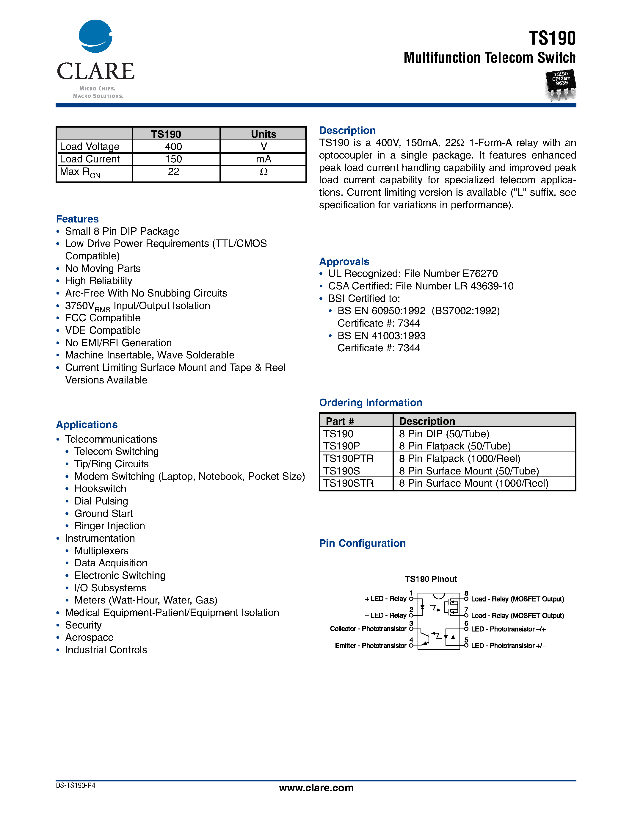 Datasheet TS190 page 1 Datasheet TS190 - Multifunction Telecom Switch page 1