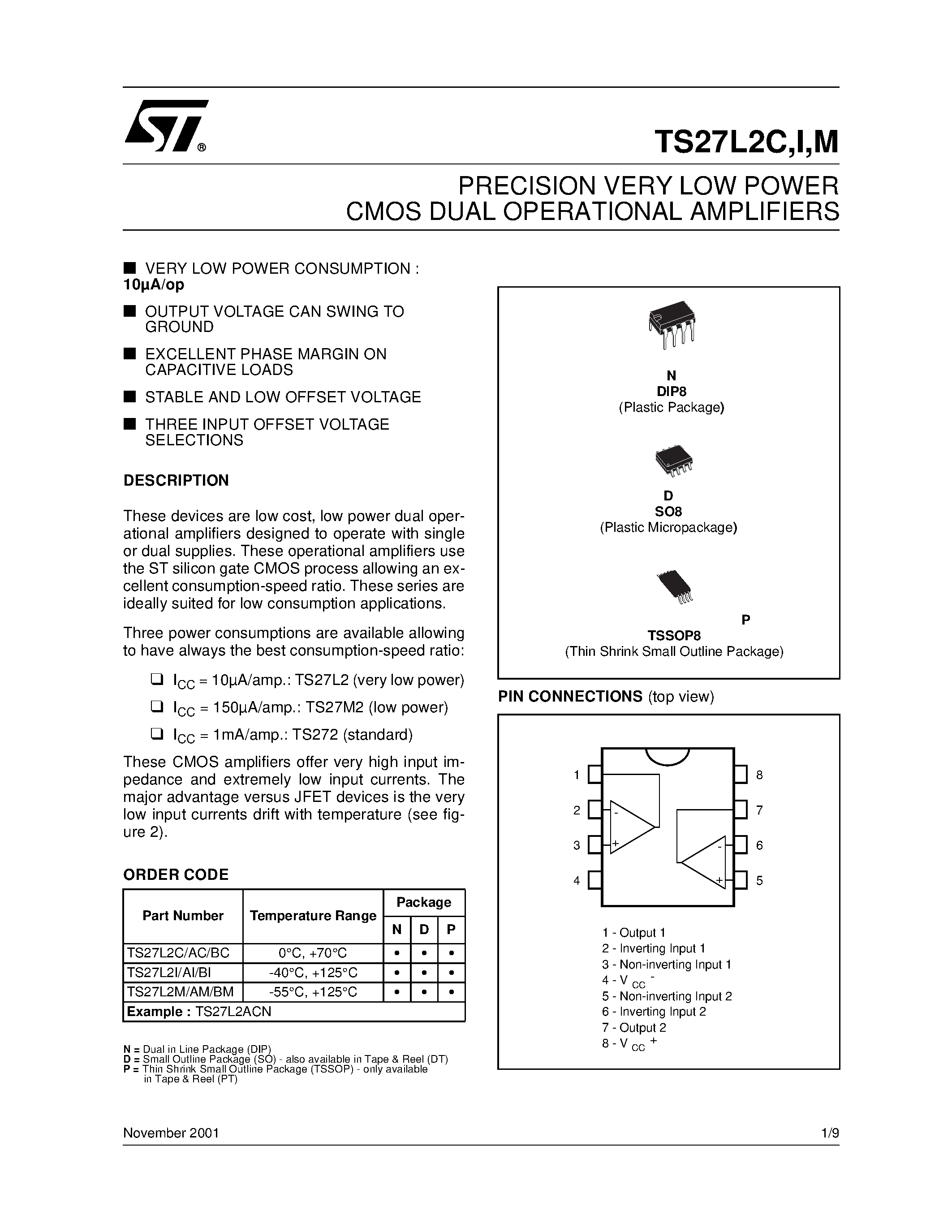 Datasheet TS27L2BC - PRECISION VERY LOW POWER CMOS DUAL OPERATIONAL AMPLIFIERS page 1