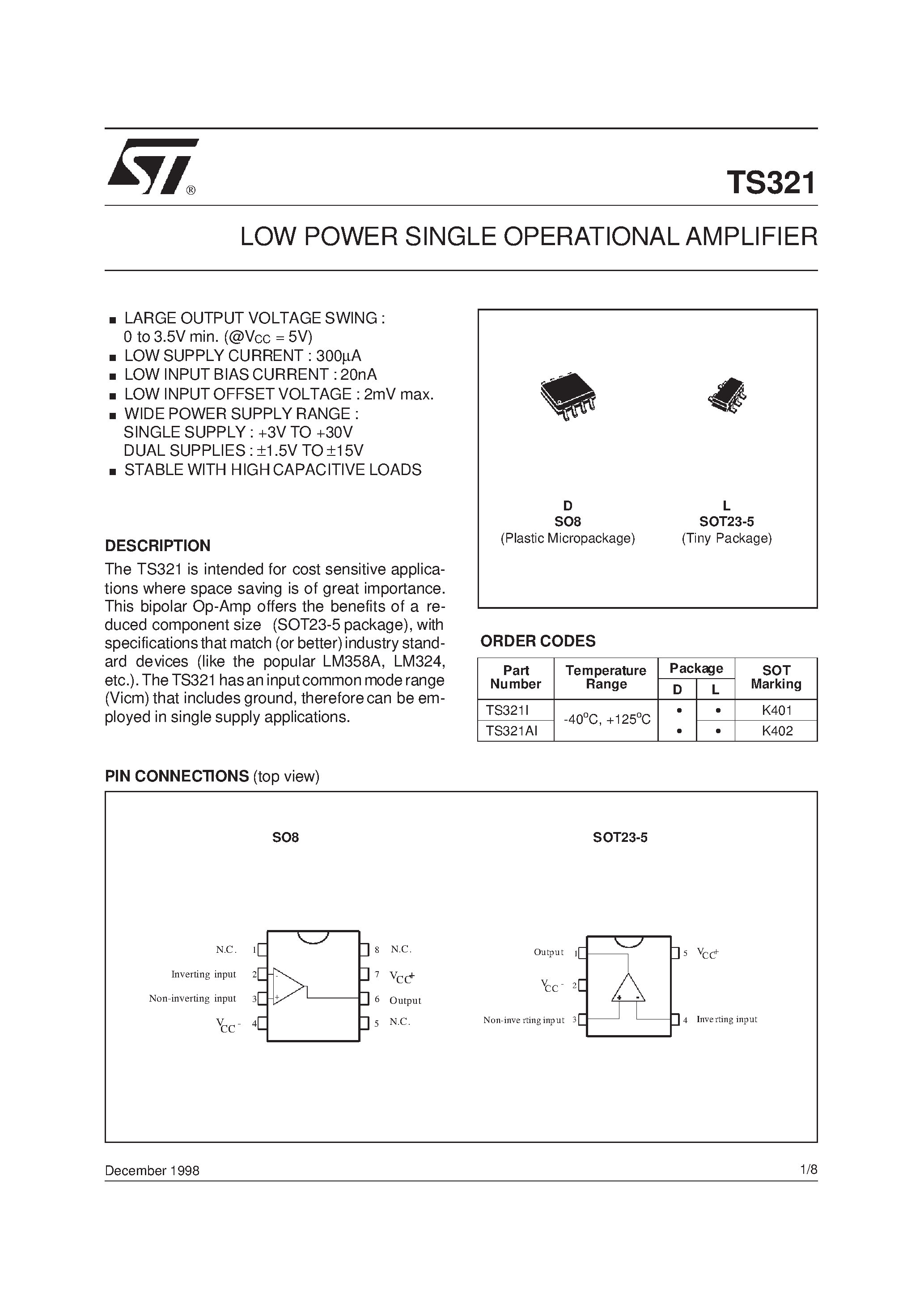 Datasheet TS321I page 1 Datasheet TS321I - LOW POWER SINGLE OPERATIONAL AMPLIFIER page 1
