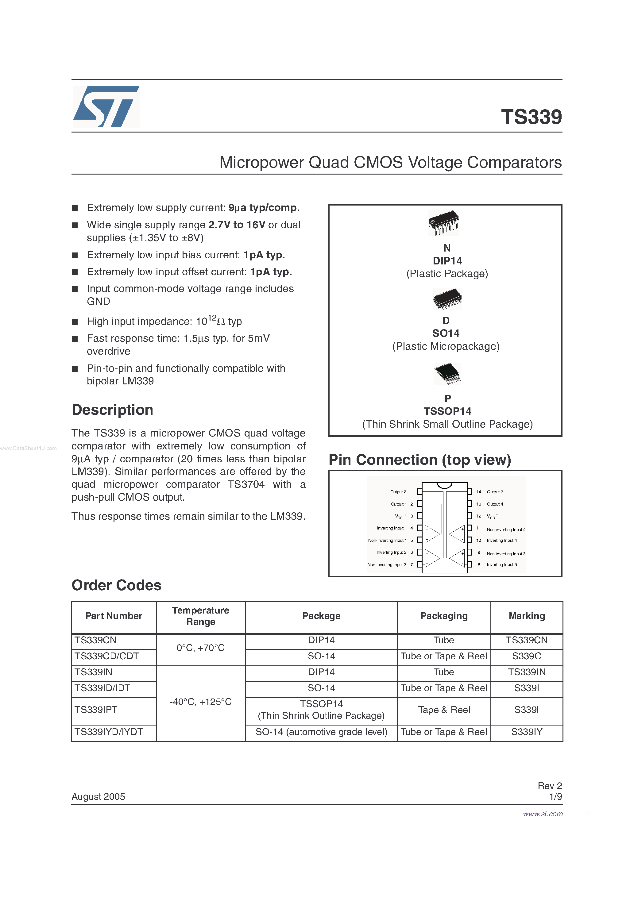Datasheet TS339 page 1 Datasheet TS339 - MICROPOWER QUAD CMOS VOLTAGE COMPARATORS page 1
