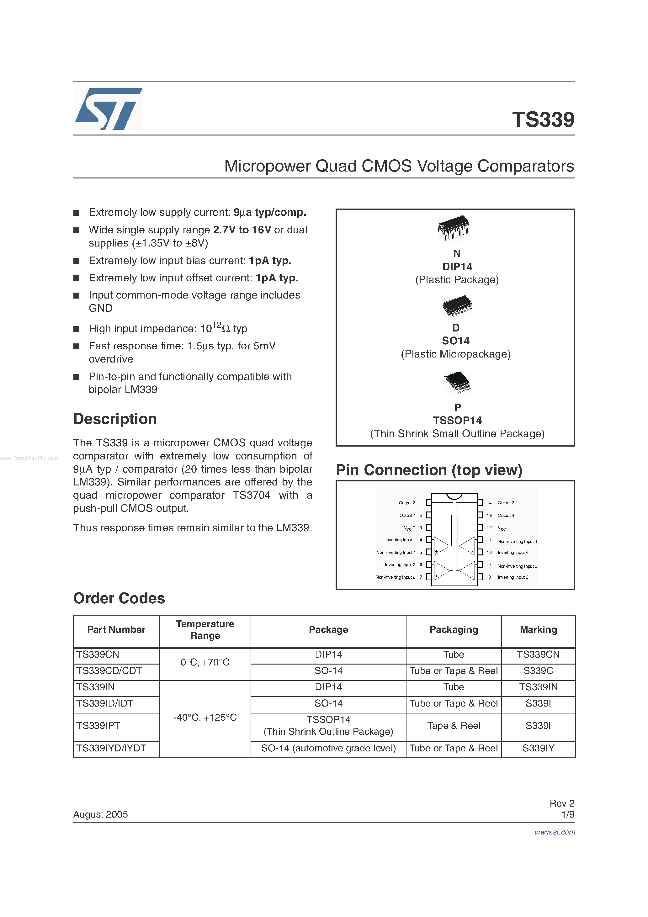Даташит TS339 - MICROPOWER QUAD CMOS VOLTAGE COMPARATORS страница 1