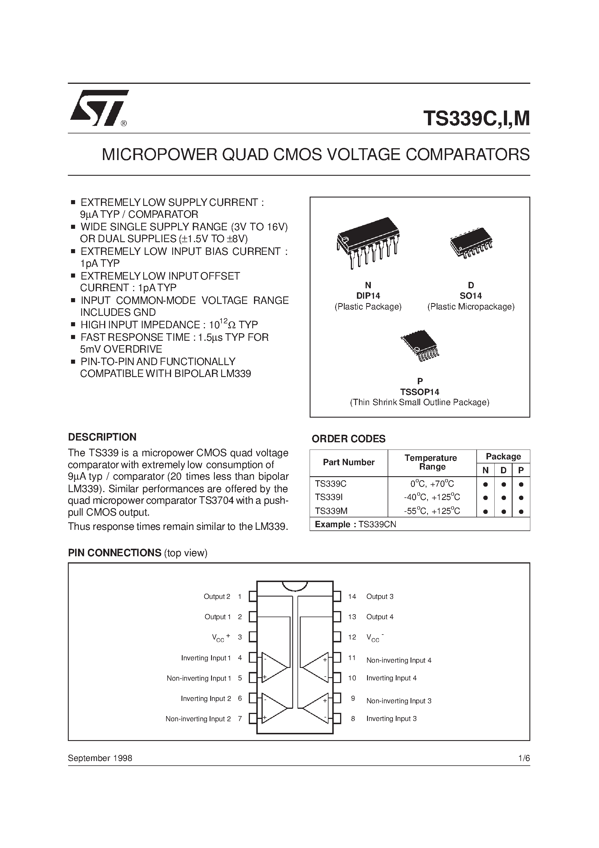 Datasheet TS339M page 1 Datasheet TS339M - MICROPOWER QUAD CMOS VOLTAGE COMPARATORS page 1