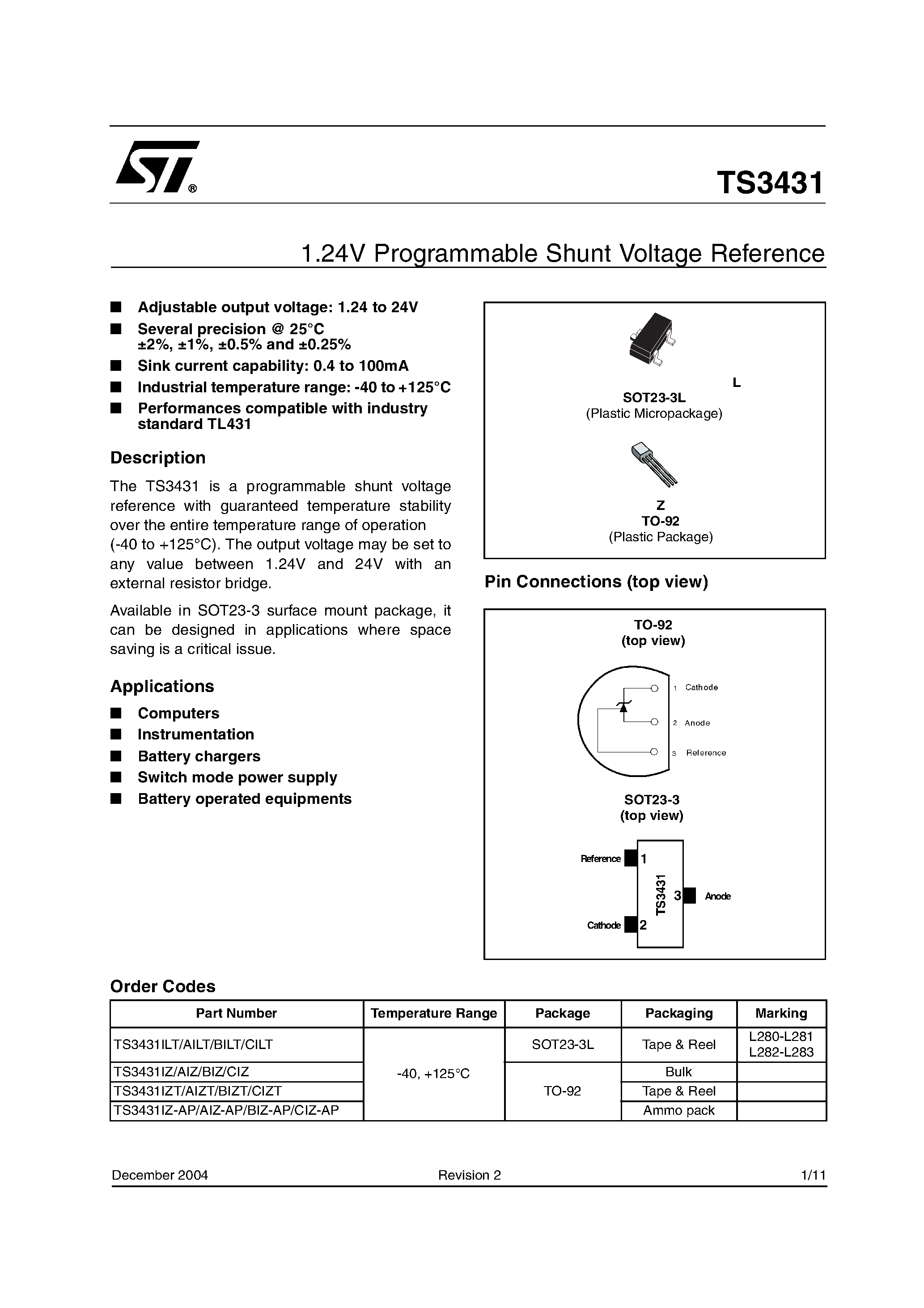 Datasheet TS3431ILT - 1.24V Programmable Shunt Voltage Reference page 1
