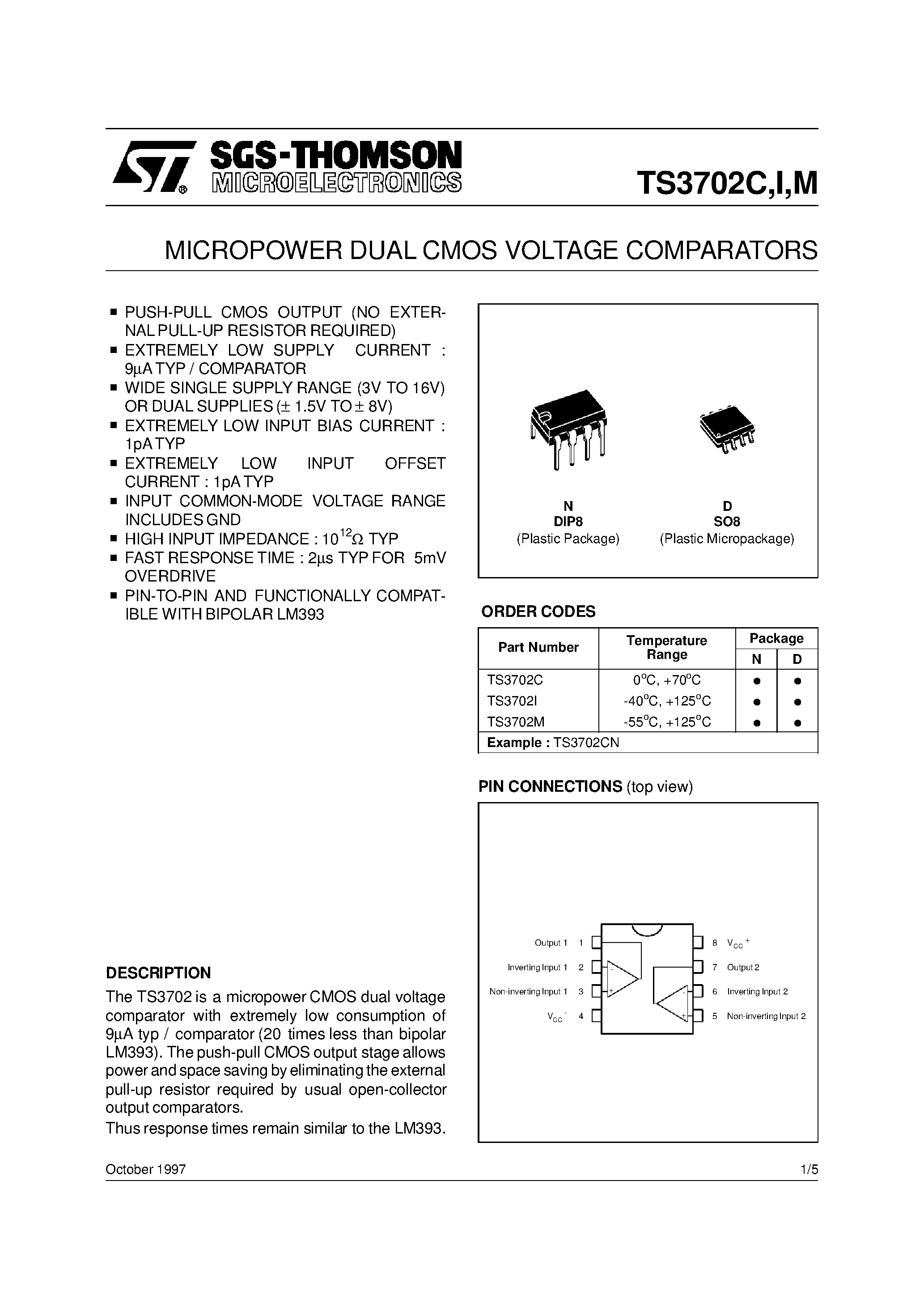 Datasheet TS3702 - MICROPOWER DUAL CMOS VOLTAGE COMPARATORS page 1
