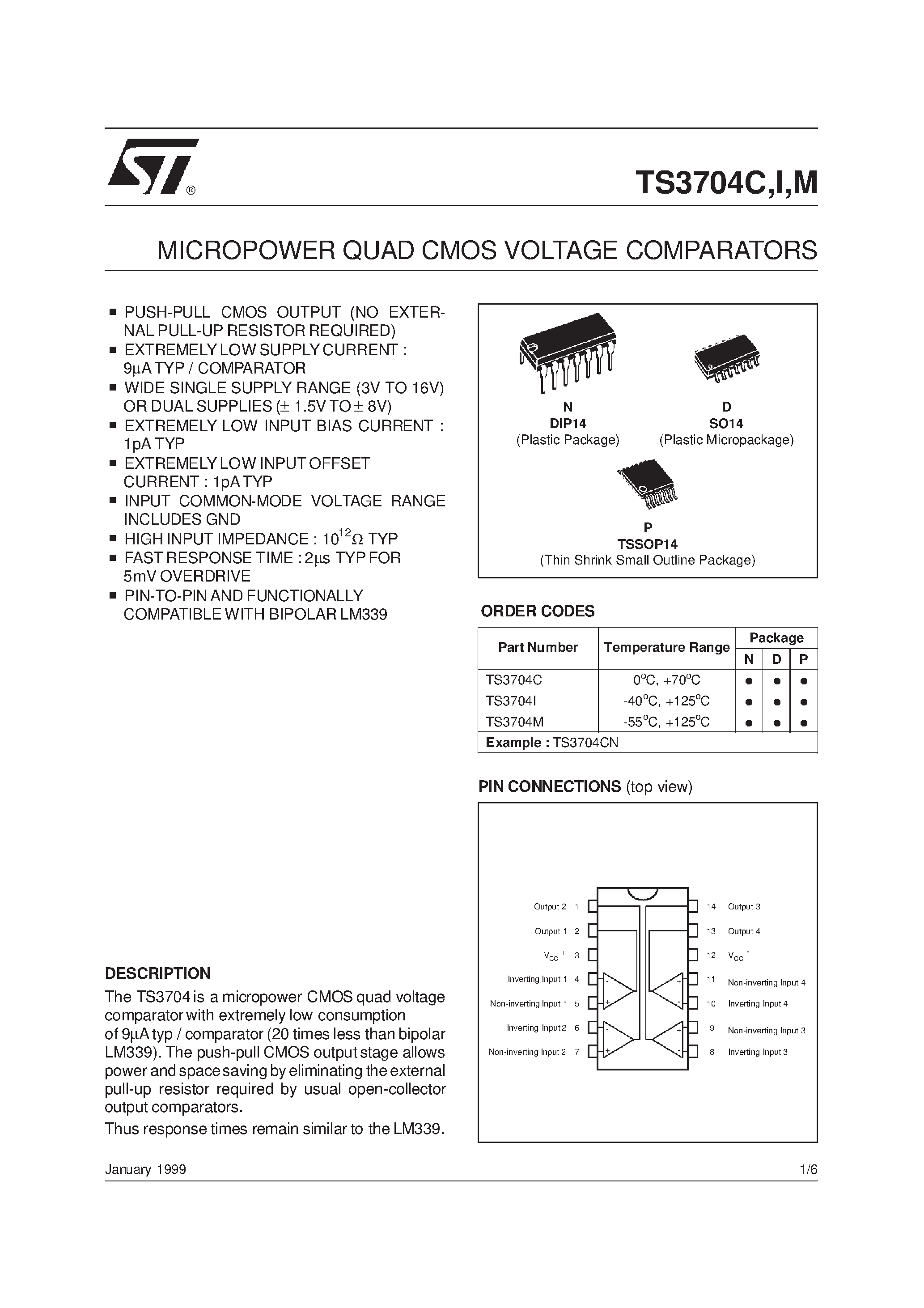 Даташит на микросхему TS3704 страница 1 Даташит TS3704 - MICROPOWER QUAD CMOS VOLTAGE COMPARATORS страница 1