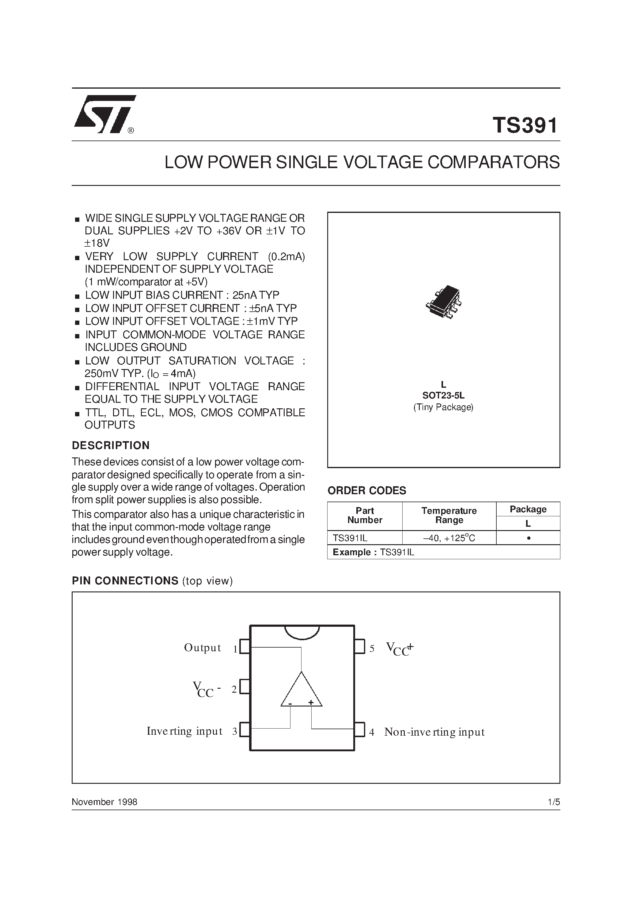 Даташит на микросхему TS391IL страница 1 Даташит TS391IL - LOWPOWER SINGLE VOLTAGE COMPARATORS страница 1