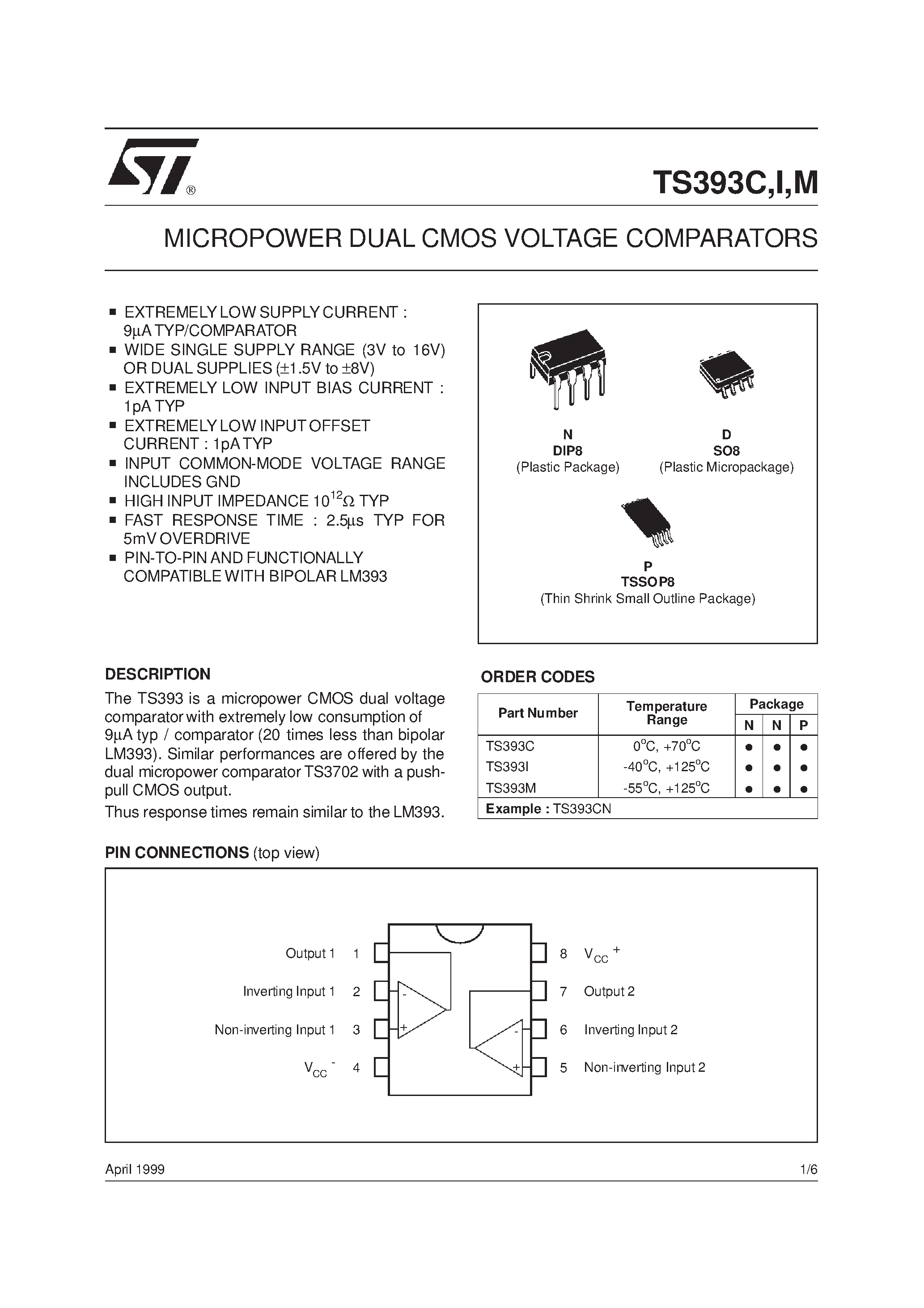 Даташит TS393C - MICROPOWER DUAL CMOS VOLTAGE COMPARATORS страница 1